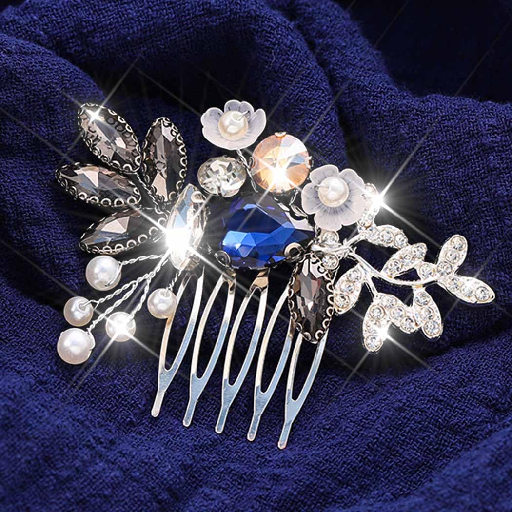 Catery Blue Rhinestone Bride Wedding Hair Comb Ceramic Flower Bridal Hair Clips Headpiece Hair Accessories for Women and Girls