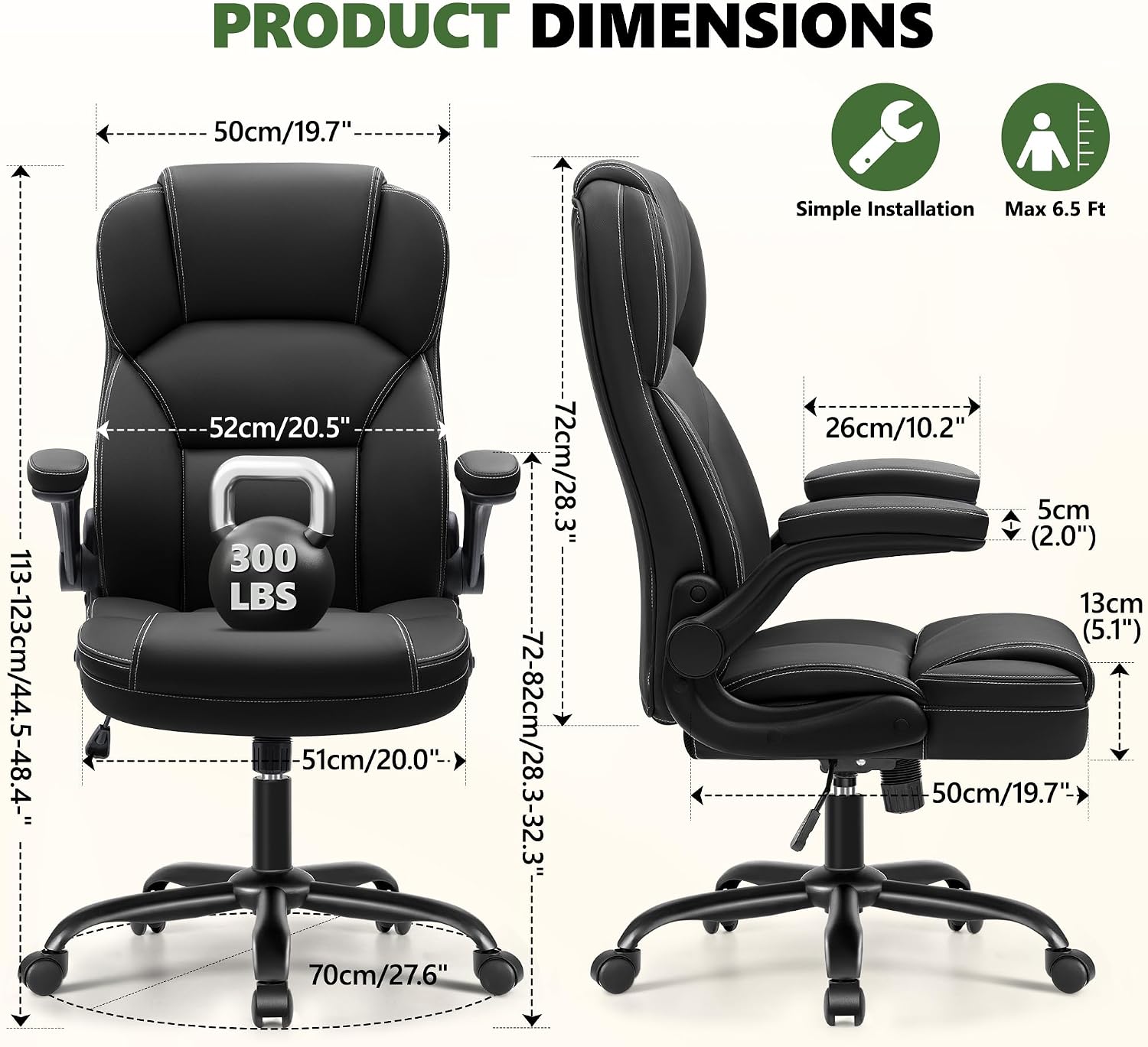 Brick Attic Leather Office Chair with Flip Up Arms, 360° Swivel Ergonomic Desk Chair with Rocking Function, Adjustable Height Computer Chair with Padded Seat for Home Office, Study Room, Black