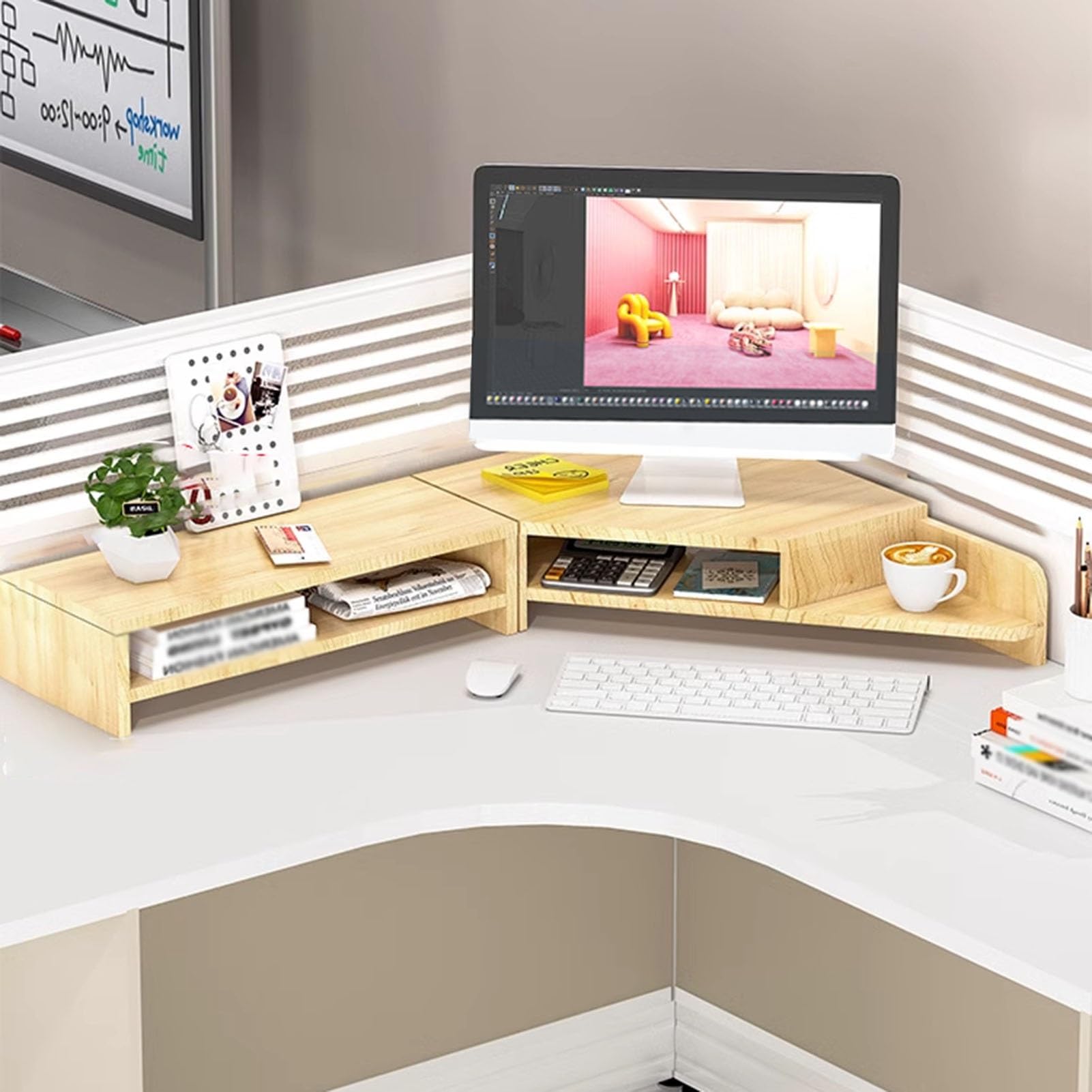 Ergonomiczna podstawka narożna pod monitor, półka narożna na biurko z uchwytami na kubki i 2-poziomową przestrzenią do przechowywania, oszczędzający miejsce organizer na biurko do