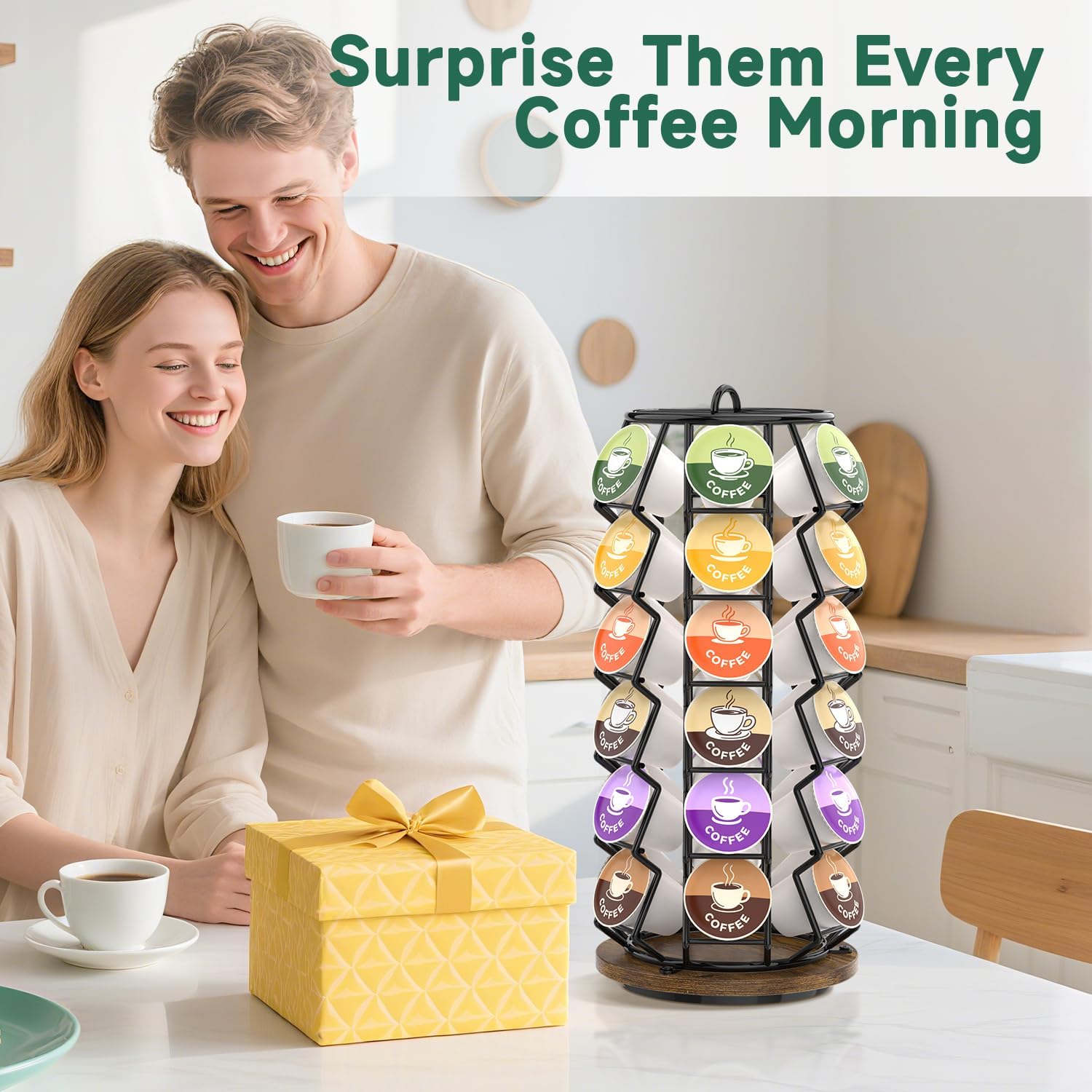 EsLuker.ly K Cup Coffee Pod Holder Organizer Carousel for Counter, Rotating Metal Rack Stand Small for 36 Pods Home Office Kitchen Storage, No Assembly Required, Black