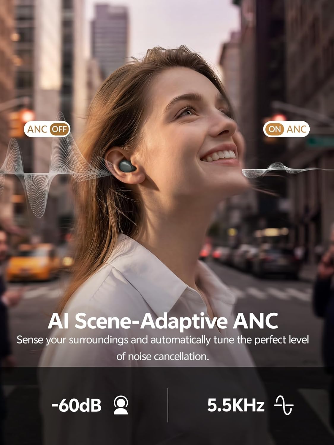 QCY MeloBuds A30 Aadptive Active Noise Cancelling Wireless Earbuds, 8 Mics ENC Clear Call Ear Buds, 60dB ANC Hi-Res Audio Bluetooth 6.0 Headphones, Comfort Lightweight, IPX5 Waterproof Earphone