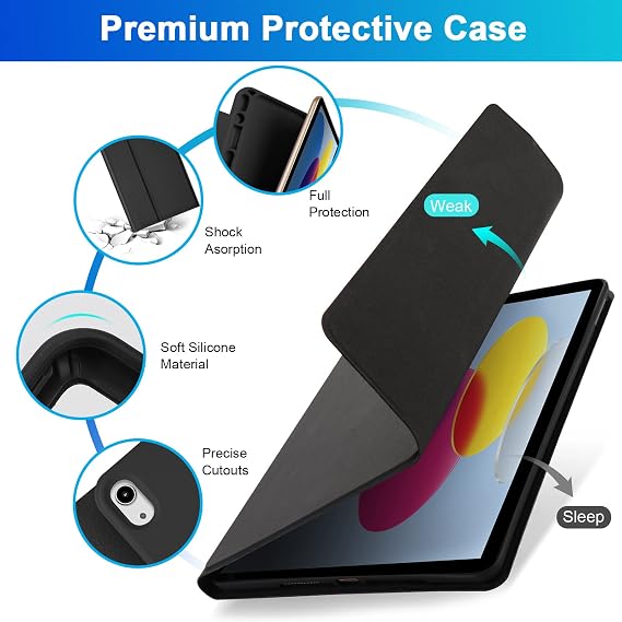 Bluetooth Keyboard Case for iPad 10th Generation 10.9 inch 2022 (A2696 / A2757 / A2777), Protective Case with Detachable Keyboard for iPad 10th Gen. 2022, Built-in Pen Holder - Black