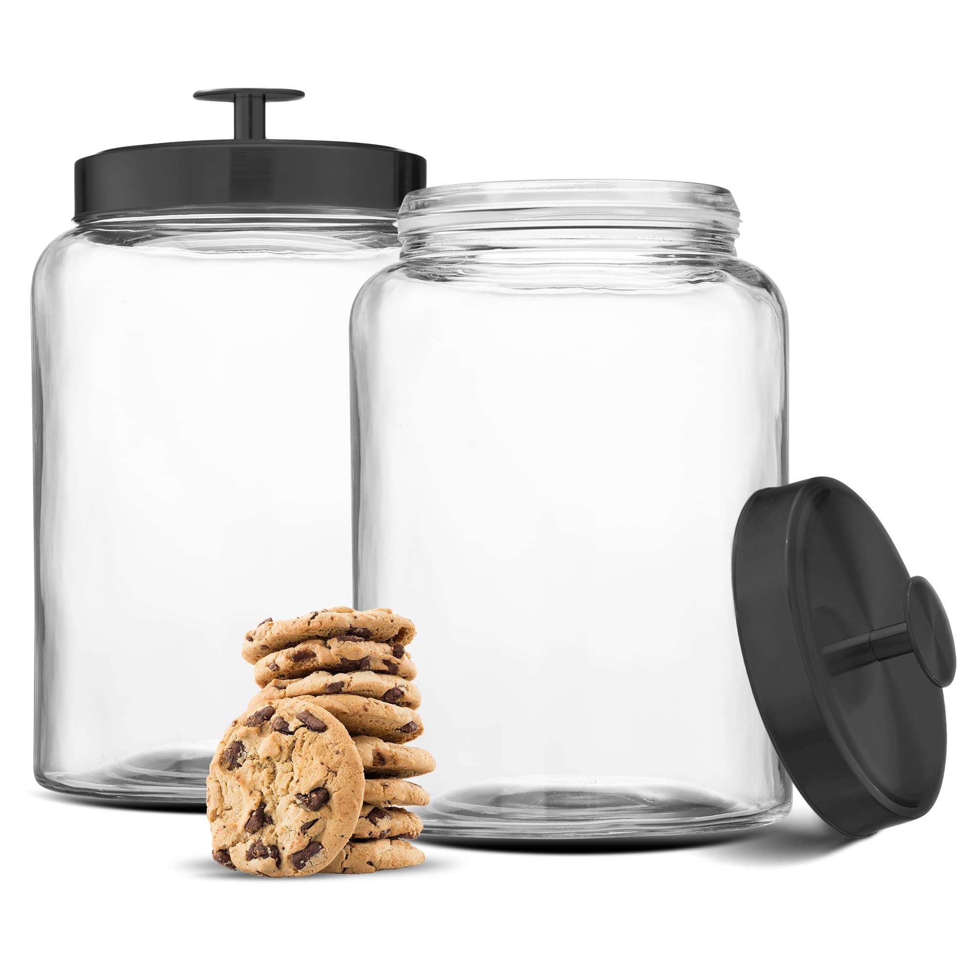 KooK Glass Kitchen Canister Set, Food & Storage Containers for Pantry, Bathroom Apothecary Jars, Tinplate Airtight Lids, Counter Organizers (Extra Large, 1 G, Black)