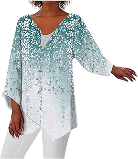 Fall Womens Clothes, Fall Cute Floral Print Loose Long Sleeve Tunic Tops V Neck Pullover Top Plus Size Tops Ladies Casual Print Three Quarter Sleeve Loose Top Warm Sweatshirt for Autumn