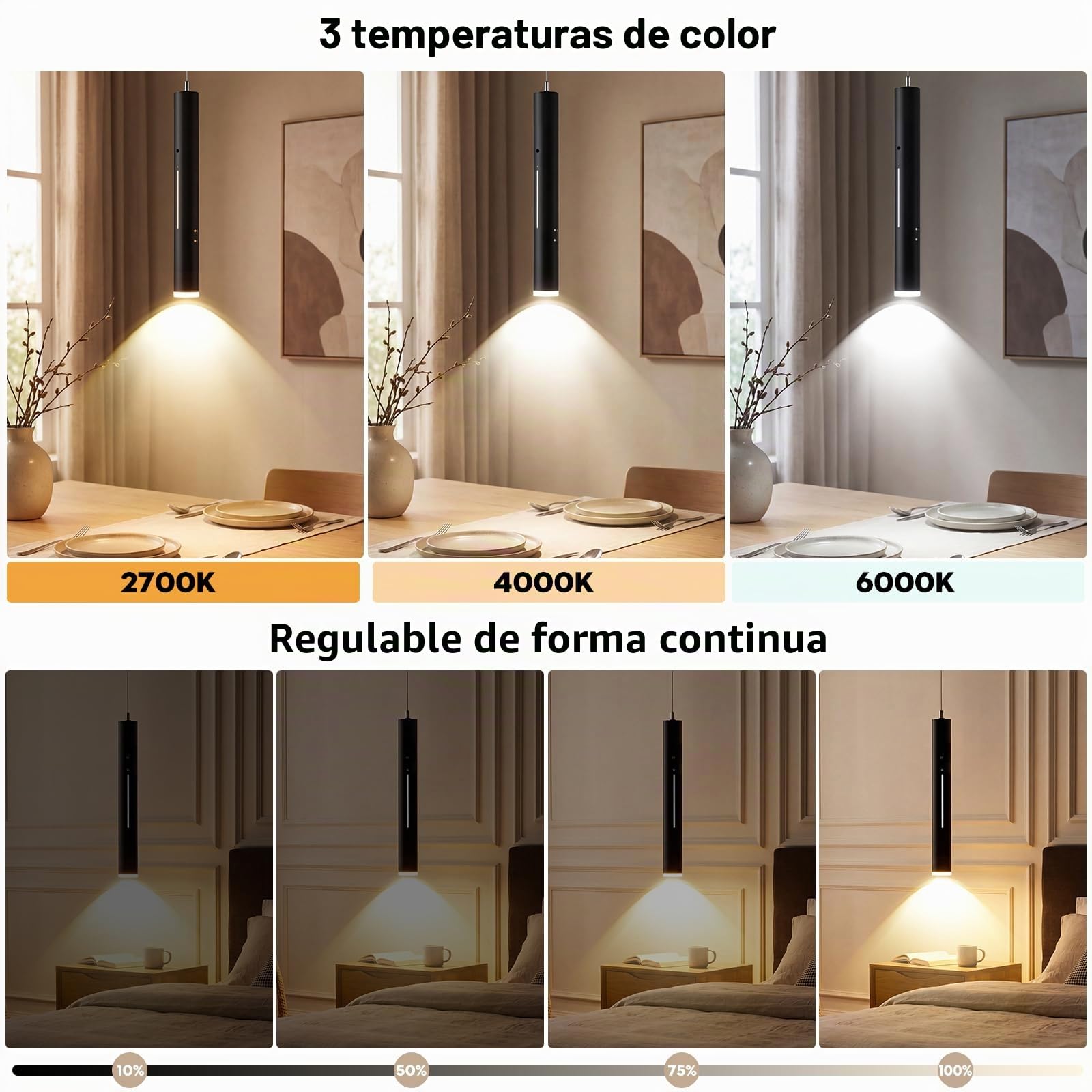 Lámpara Colgante con Bateria, Lámparas Colgantes LED Modernas Diseño, Luz inalámbrica, Recargable USB 5000mAh y Mando a Distancia, Para Cocina, Comedor, Dormitorio, Salón (Negro-2)