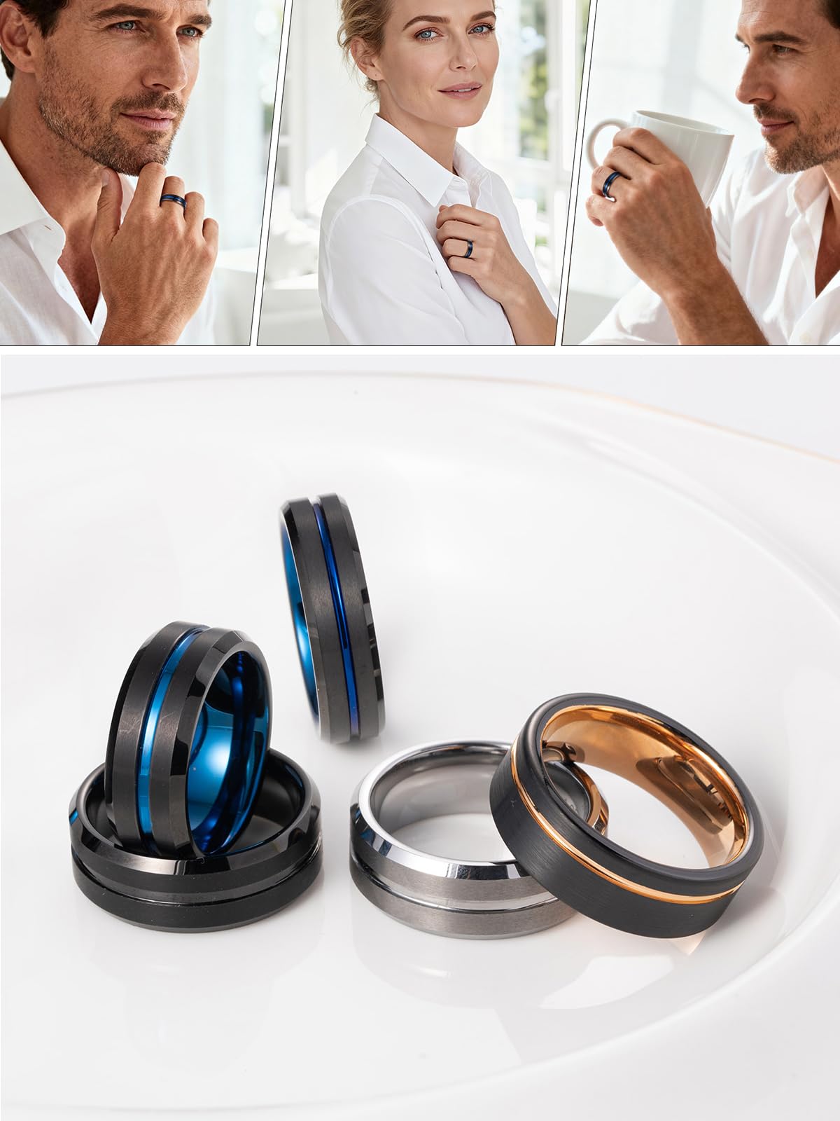 VAKKI 8mm Bague pour Homme Noir Brossé + Rainures Bleue Anneau en Carbure de Tungstène Alliance Bague de Fiançailles Taille 47 à 80