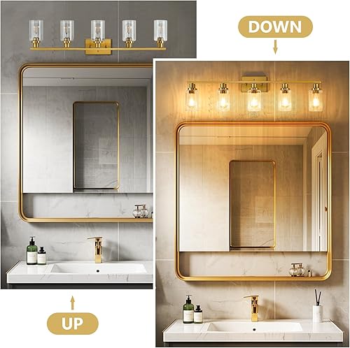 Vista 29 de Jonsi 3 luces de tocador de baño de oro cepillado con pantalla de vidrio estriado, luces de baño doradas modernas sobre espejo