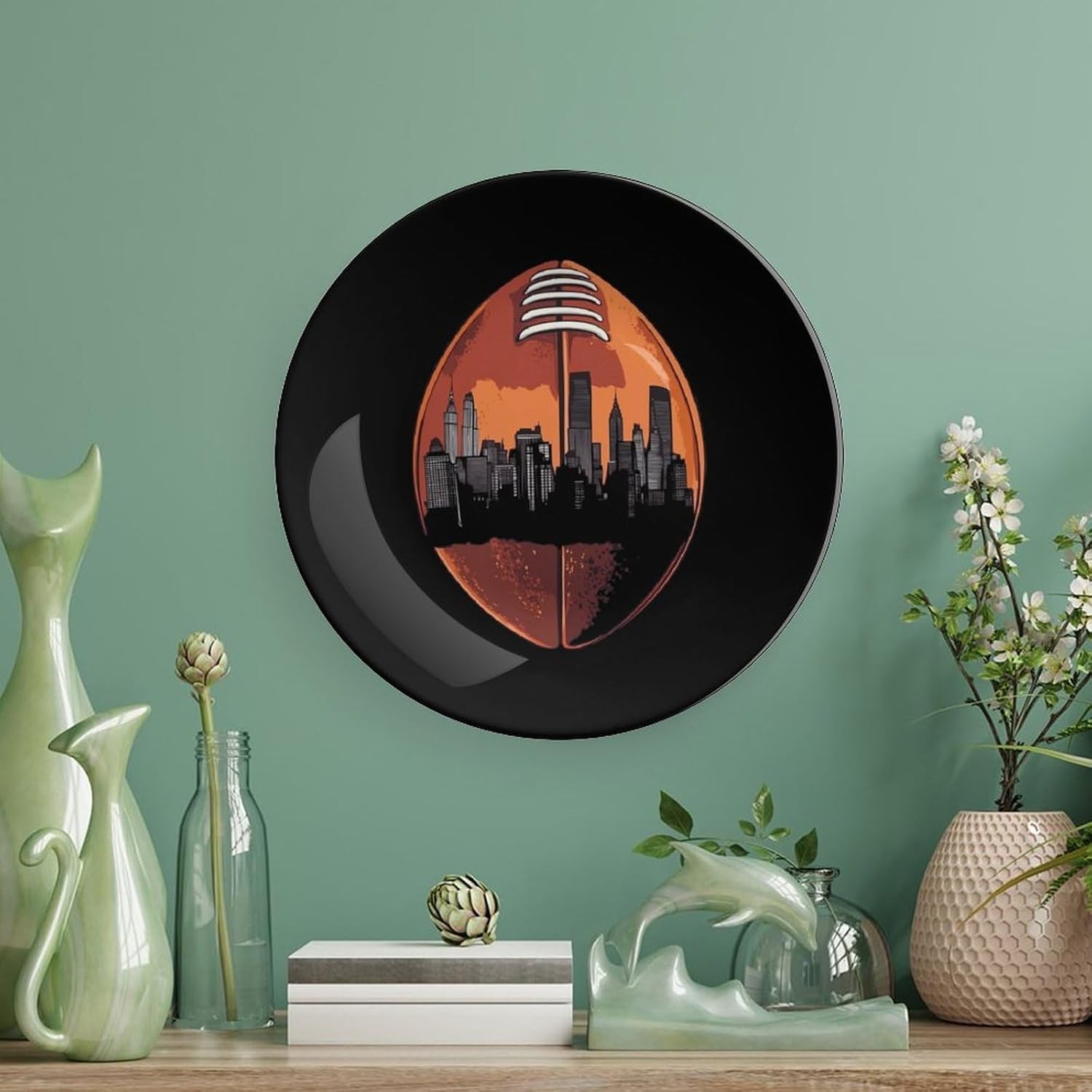 Football City Skyline Bone China Decorative Plate with Stand Home Dessert Plates Gift for Men Women 6inch