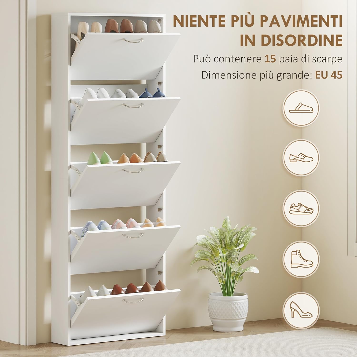 HOMCOM shoe cabinet with all five tilt doors open, showing shoes inside and icons indicating shoe types