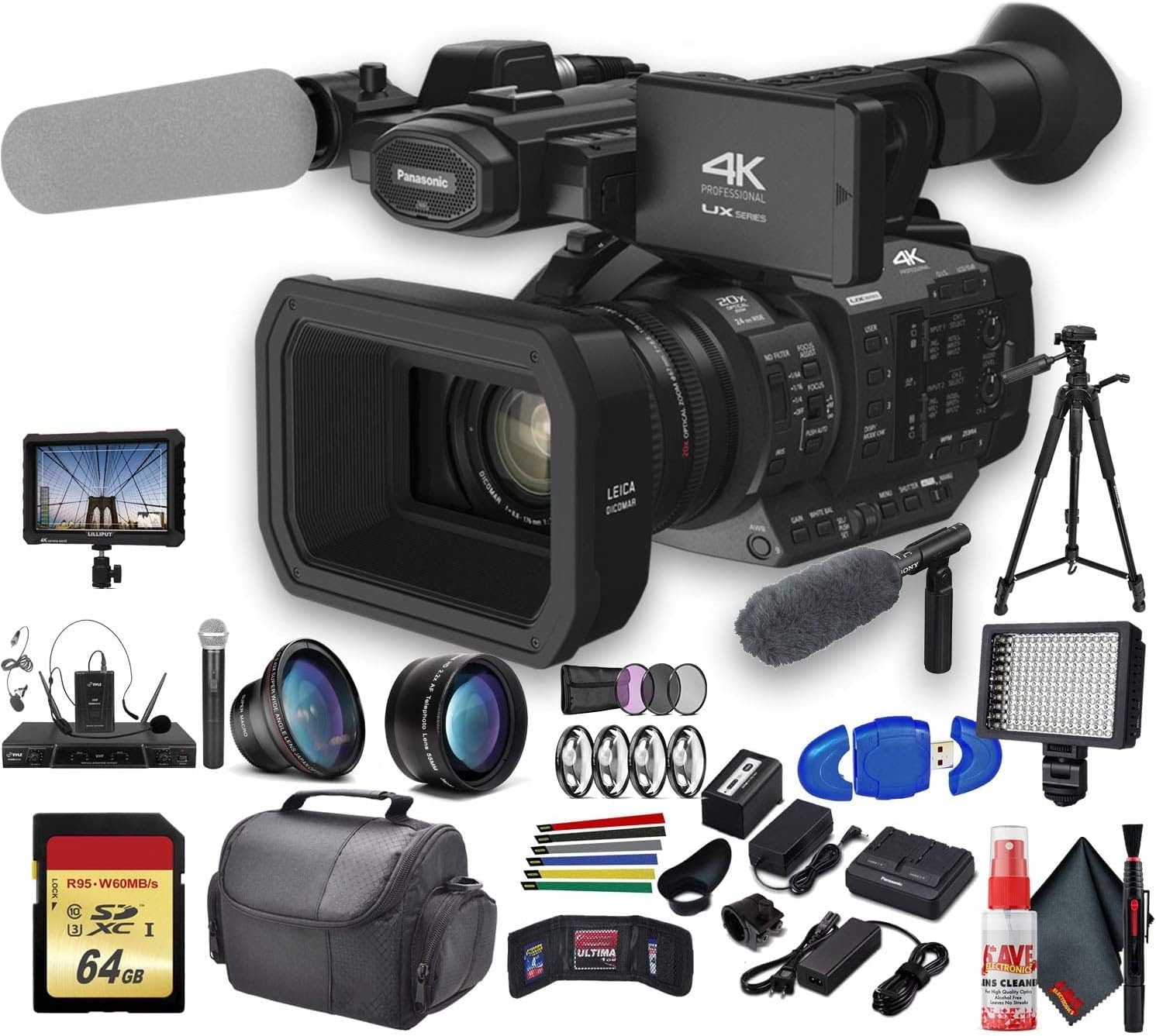 Panasonic AG-UX180 4K Professional Camcorder (AG-UX180PJ8) with Tripod, Padded Case, LED Light, 64GB Memory Card, Tripod, External 4K Monitor, Sony ECM-VG1 and Much More Professional Bundle