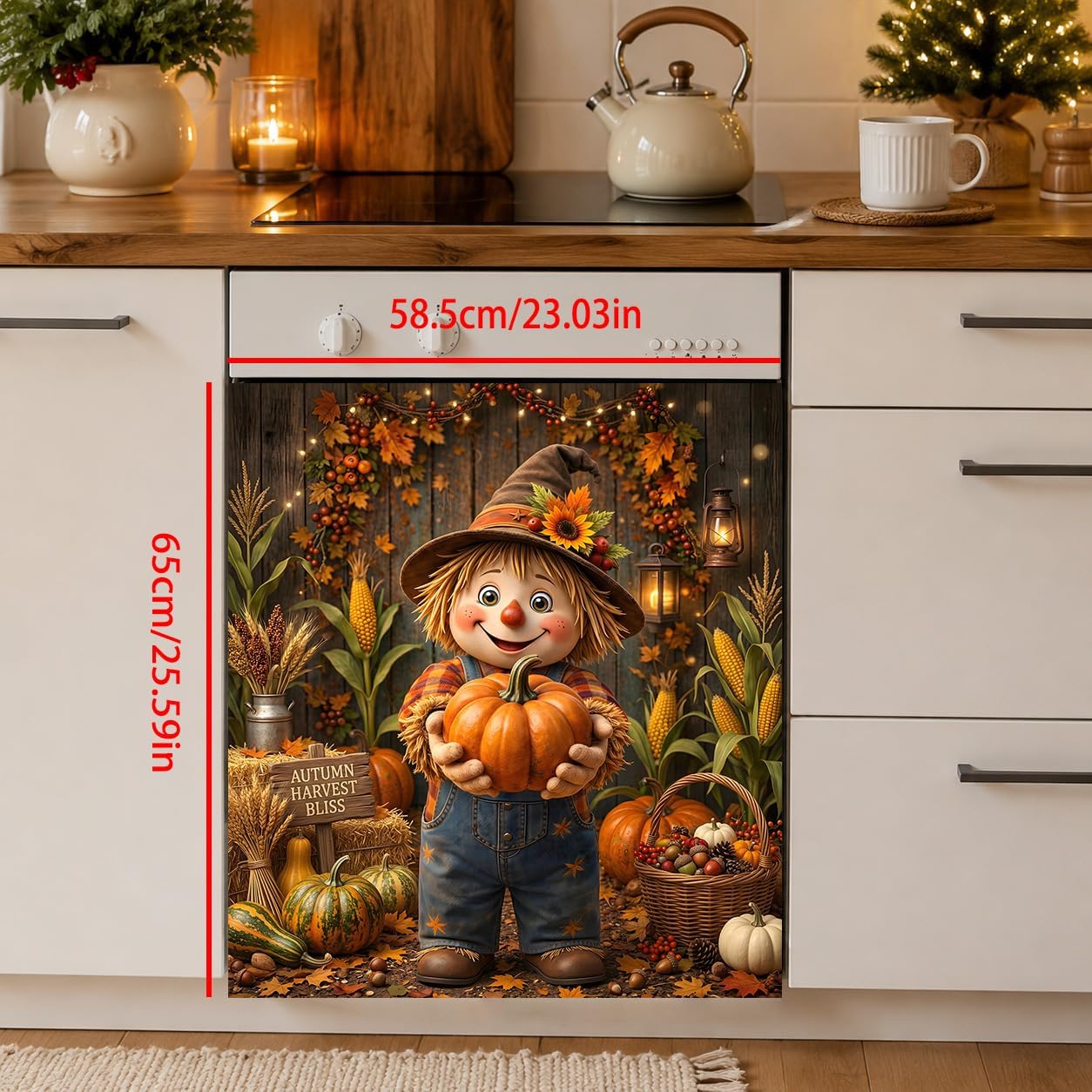 Thanksgiving Dishwasher Magnet Cover 23 x 25.5 Inch, Cute Scarecrow Pumpkin Dishwasher Magnetic Cover, PVC Dishwasher Decorative Magnet for Kitchen Decor