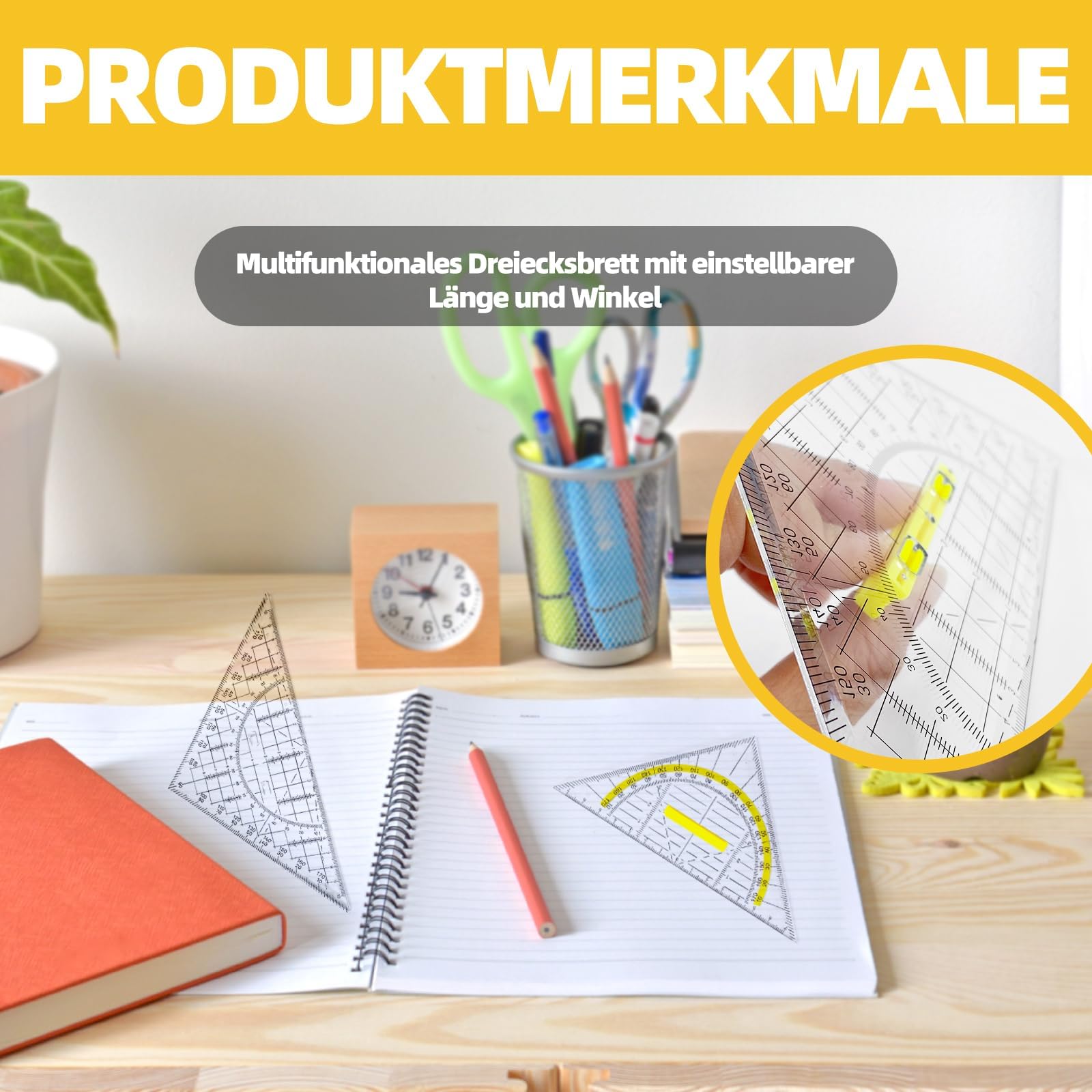 Trójkąty geometryczne z uchwytem, 20 cm i 14 cm, kątomierz, zdejmowany uchwyt, wypustki do tuszu, skala metryczna, zestaw 2 sztuk