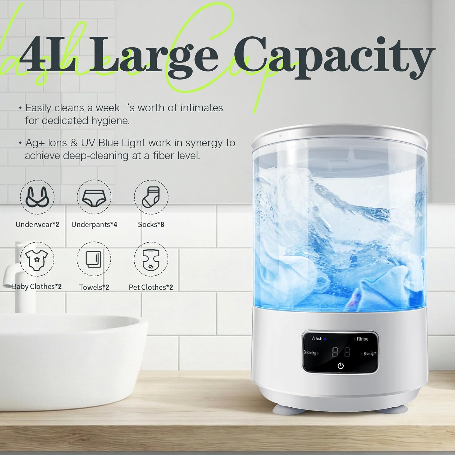 Portable Mini Washing Machine | Compact Deep Cleans Underwear, Baby Clothes, Small Laundry | Type-C, Spin-Dry & UV /4000 mAh Battery (WHTIE-4L)