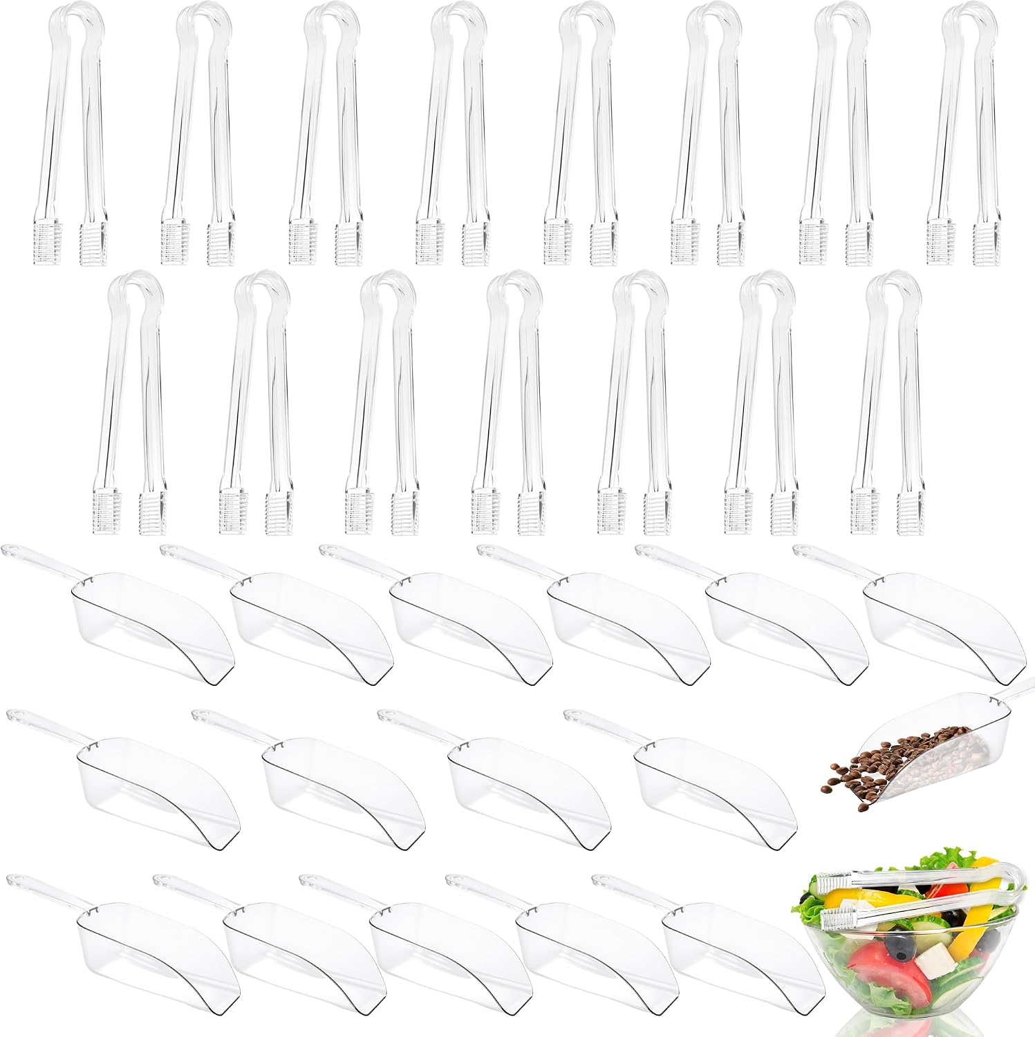 32 Pcs Clear Plastic Serving Tongs and Ice Scoops Set 16 Pcs 6.3 Inch Tongs 16 Pcs 7.7 Inch Scoops Reusable Buffet Catering Utensils for Ice Candy Salad Dessert BBQ Party Supplies