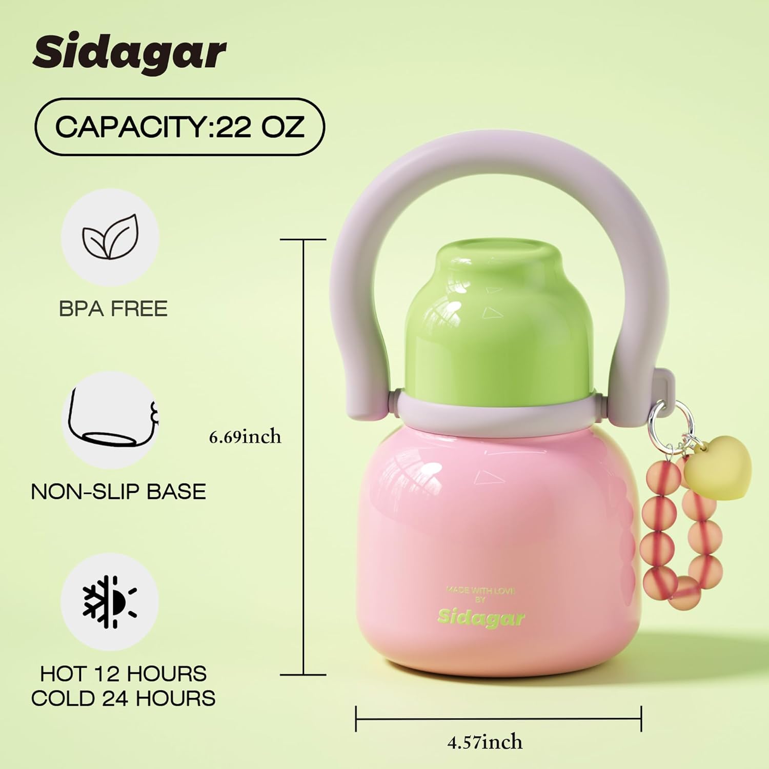 22 oz Water Bottle with Straw and Bowl, Wide Mouth Insulated Stainless Steel Tumbler, Leak-Proof 24H Ice Cold Cute Flask for Women Home & Cozy Vlog; Heart Bracelet Charm Gift, Strawberry Pink