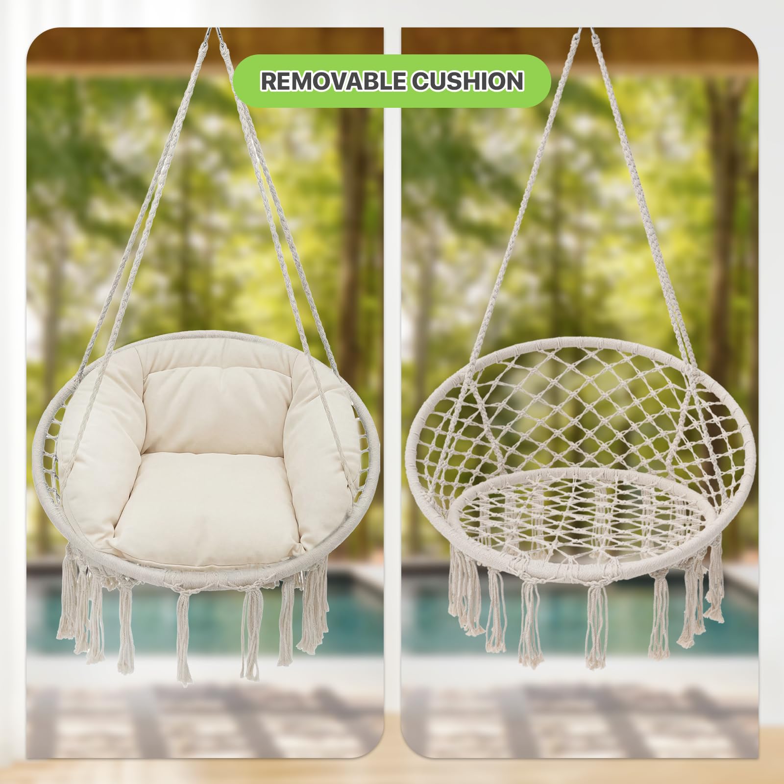 Magshion Chaise hamac suspendue avec coussin complet confortable, balancelle extérieure en macramé avec capacité de 158,8 kg, meuble d'appoint idéal pour salon, chambre à coucher, porche, détente et