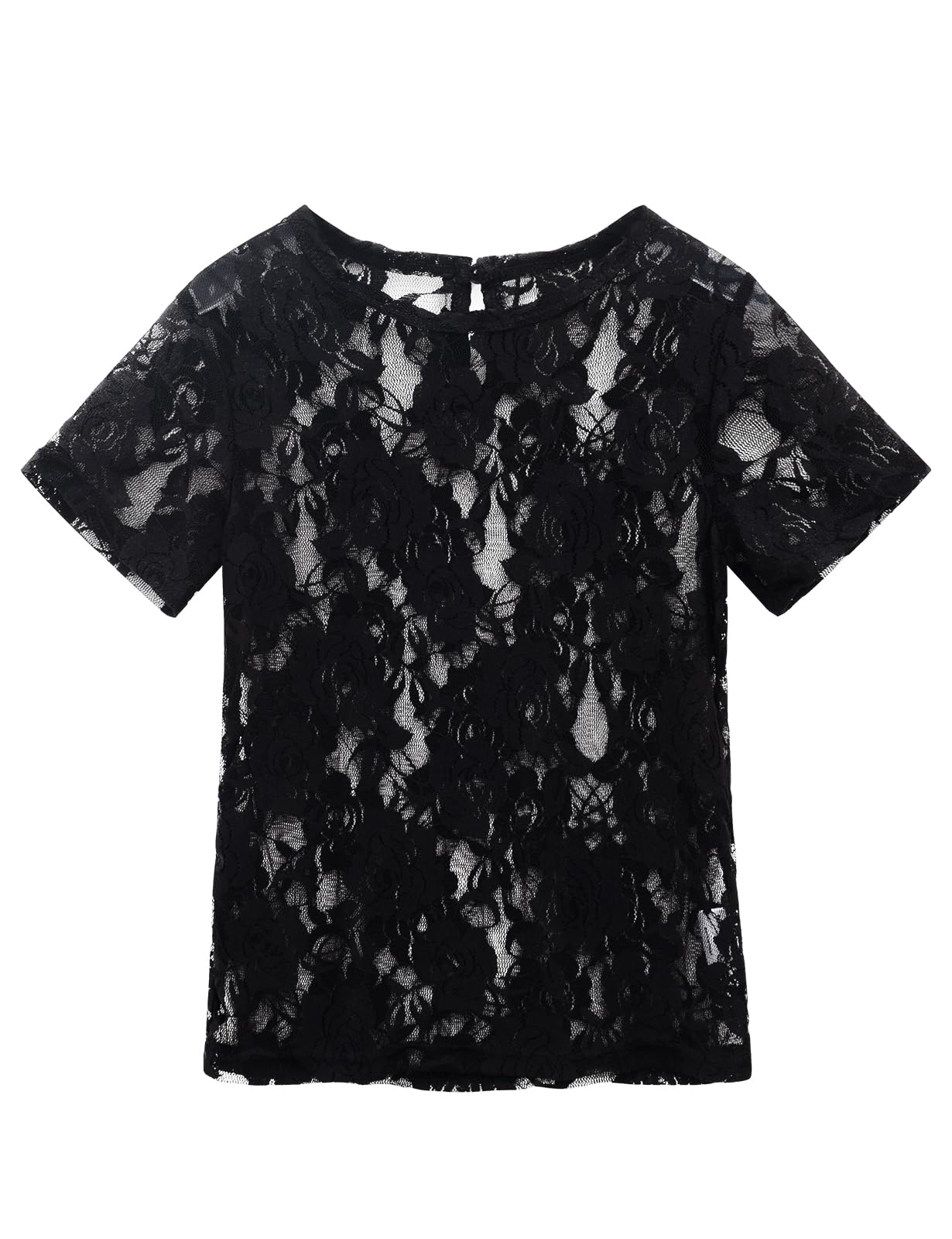 Noomelfish Girls Lace Short Sleeve Layering Tops Sheer Mesh Tee Shirts Blouse (5-12 Years)