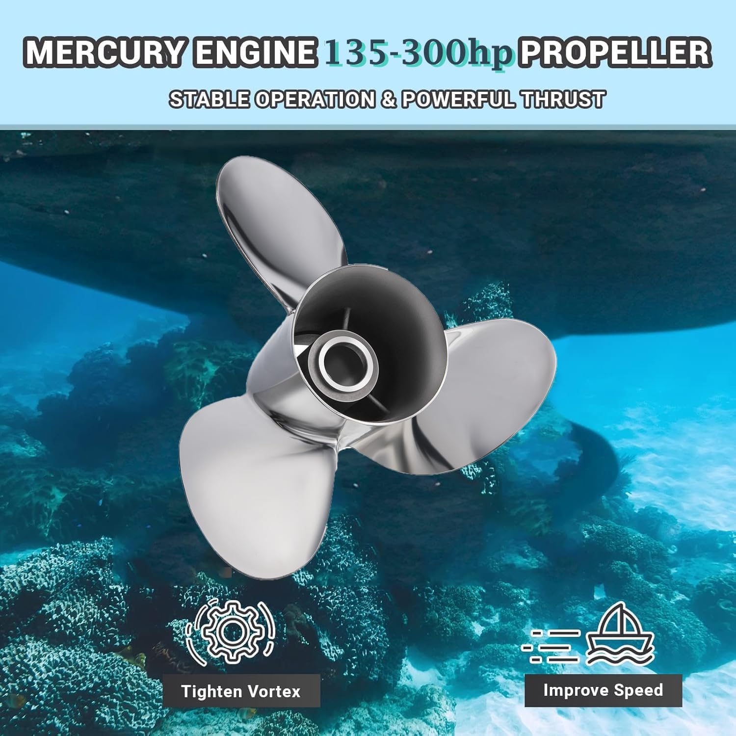 14 x 19 Stainless Steel Boat Outboard Propeller for Mercury Engines 135-300 HP/Mercruiser Alpha One, 15 Spline Tooth, RH, 14 Dia x 19 Pitch