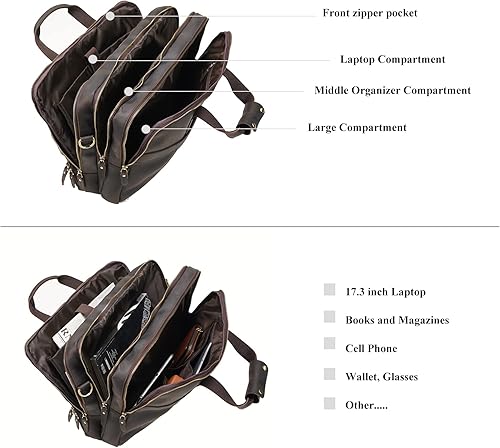 Miniatura 3 de Bolso de mensajero de cuero para hombre, maletín para portátil de cuero de grano completo vintage de 17.3 pulgadas