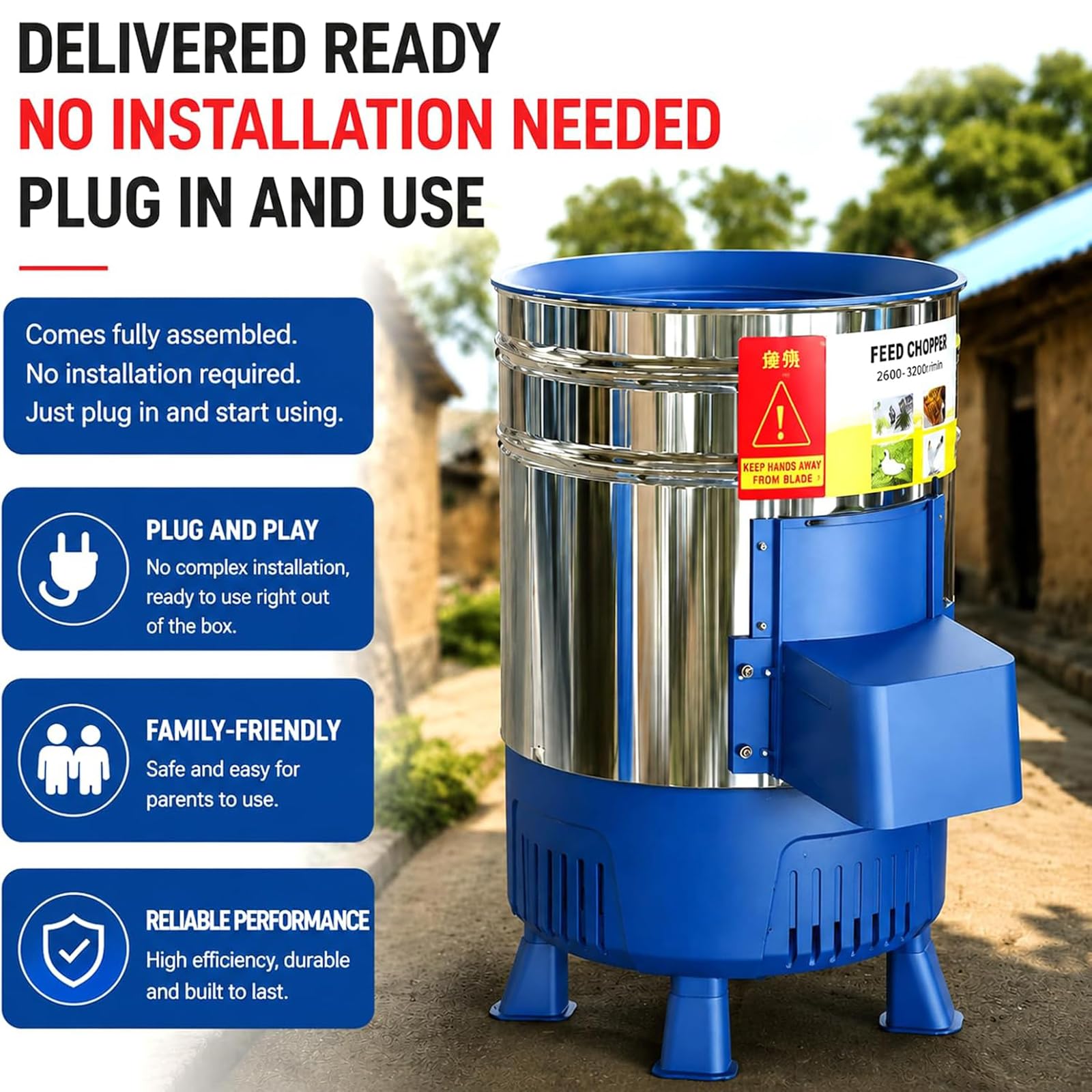 Picadora Eléctrica Comercial De Piensos, Procesadora De Piensos para Ganado De Acero Inoxidable De 1800 W, Cortadora De Verduras Y Trituradora De Paja.