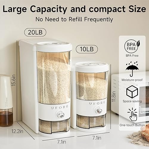 Miniatura 2 de Dispensador de arroz de 20 libras, contenedor grande de almacenamiento de arroz para cocina y despensa, ahorra espacio, humedad y a prueba de