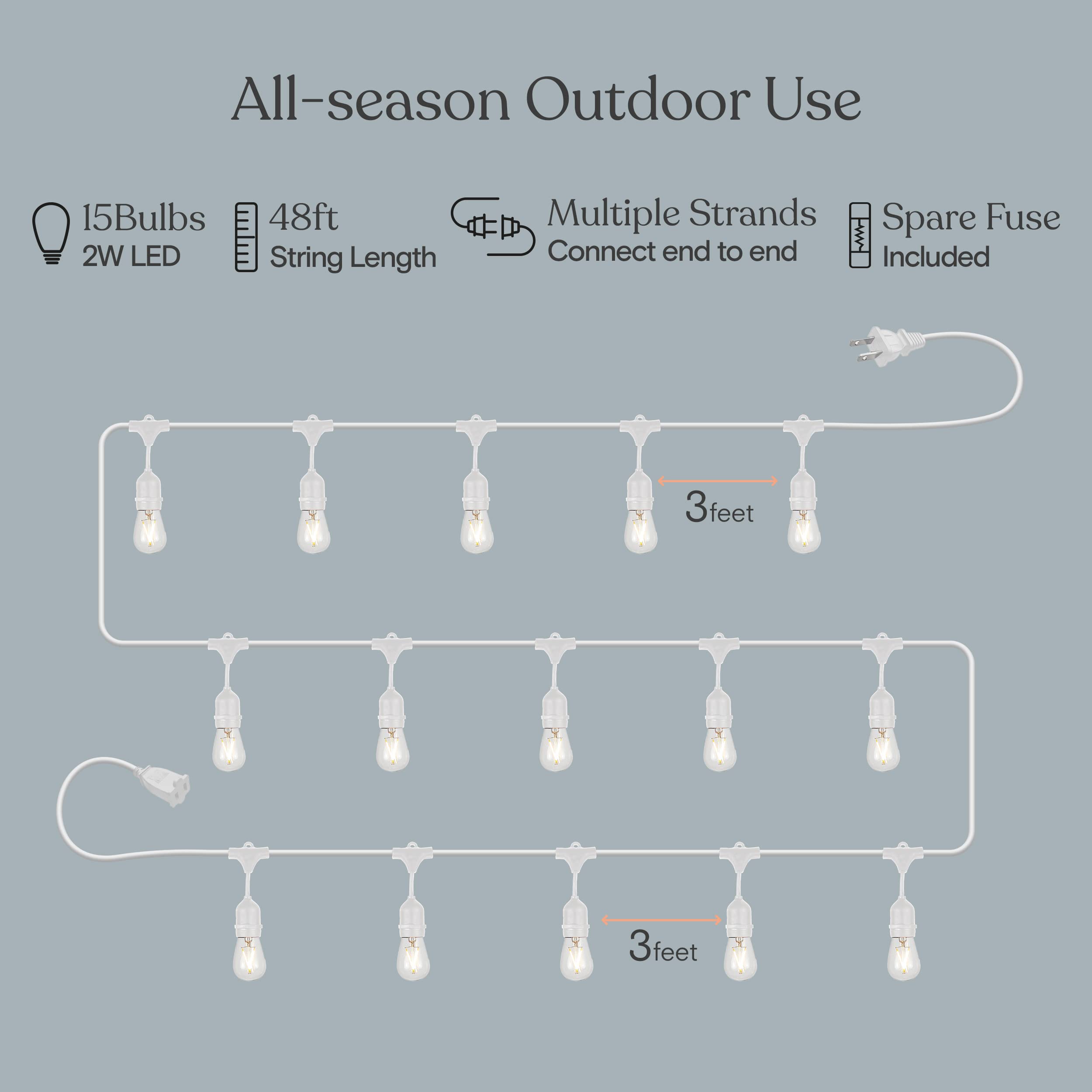 Brightech Ambience Pro - Guirlandes LED blanches et étanches pour l'extérieur - Ampoules Edison 2W - 48 pieds de lumières pour créer une ambiance bistro dans votre gazebo ou votre cour arrière