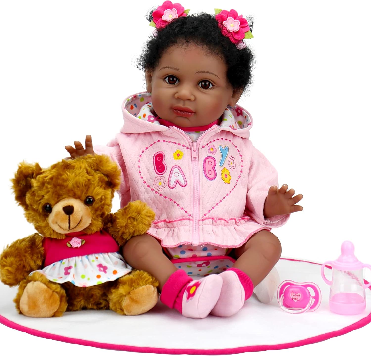 New Arrivals Aori Reborn Baby Dolls 22 Inch Realistic Black Newborn Baby Girl Dolls Lifelike African American Reborn Toddler Dolls with Pink Clothes Great Gift Set for Girls Age 3+