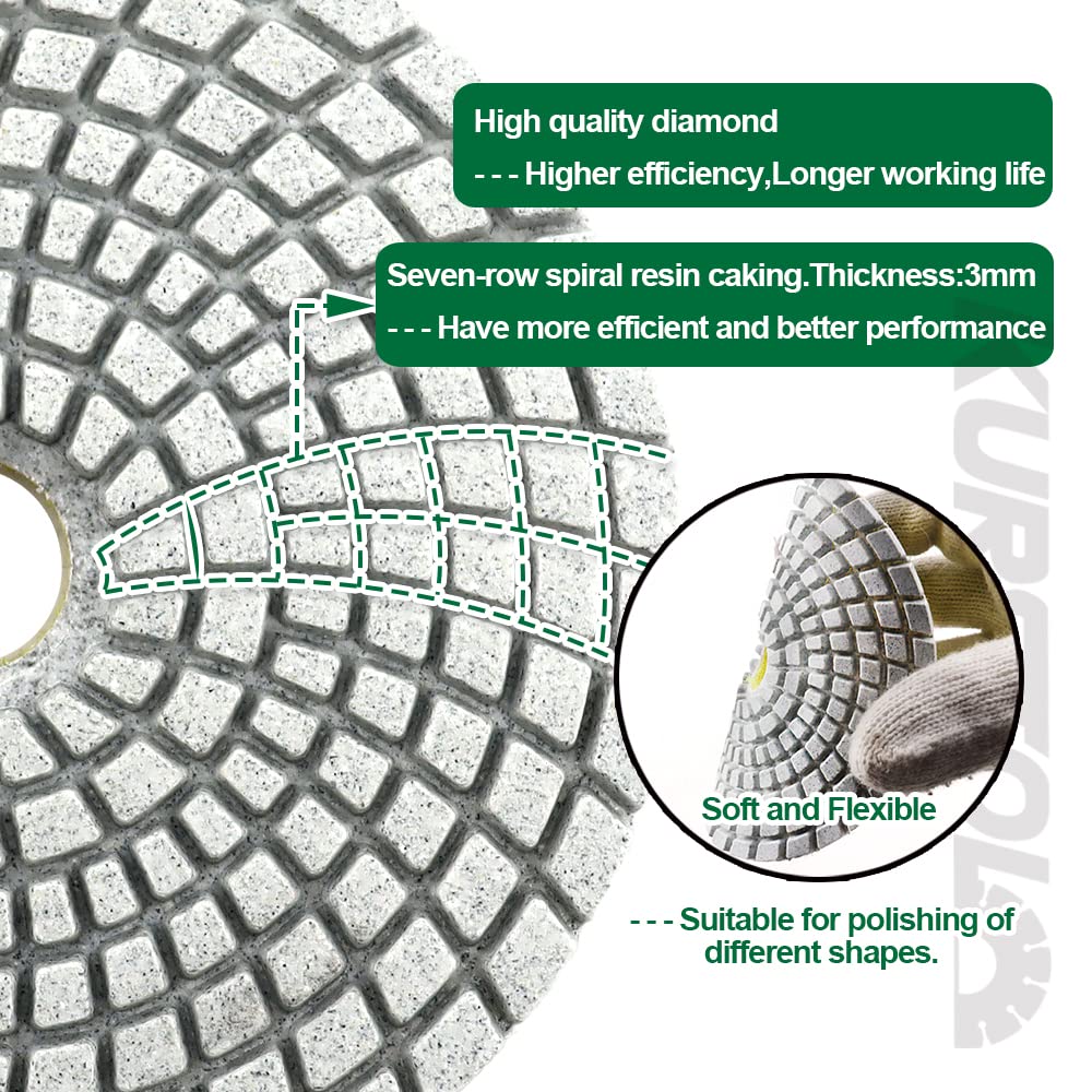 Diamond Polishing Pads Set - 10pcs 4"/100mm Wet Countertop Polishing Pads+1pc Backer Pad of Plastic Body+1pc Adapter 5/8"-11 Thread to Round Shank for Granite Quartz Stone Marble