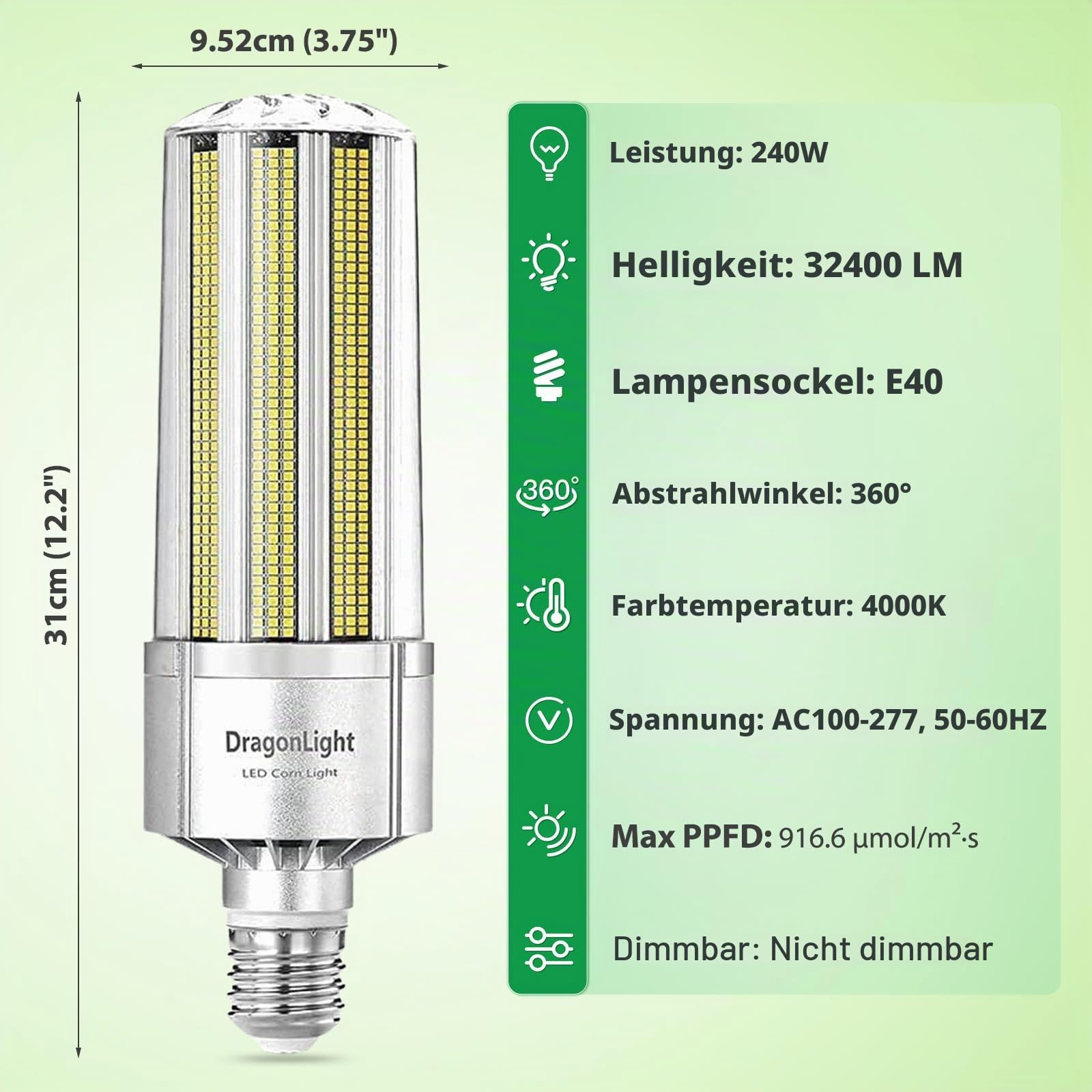 DragonLight 2025 Neueste 240W Superhell Mais Licht LED Glühbirne(Ersetzt 1400Watt) - E40 LED Lampe 4000K 32,400 Lumens - Gut für Werkstatt Straßenleuchte und Gewächshäusern Zimmerpflanzen