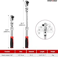 Vista 2 de MAXPOWER Llave de Tubo de cabeza flexible de 1/2 pulgada, función de trinquete reversible de liberación rápida de 72 dientes, mango extensible