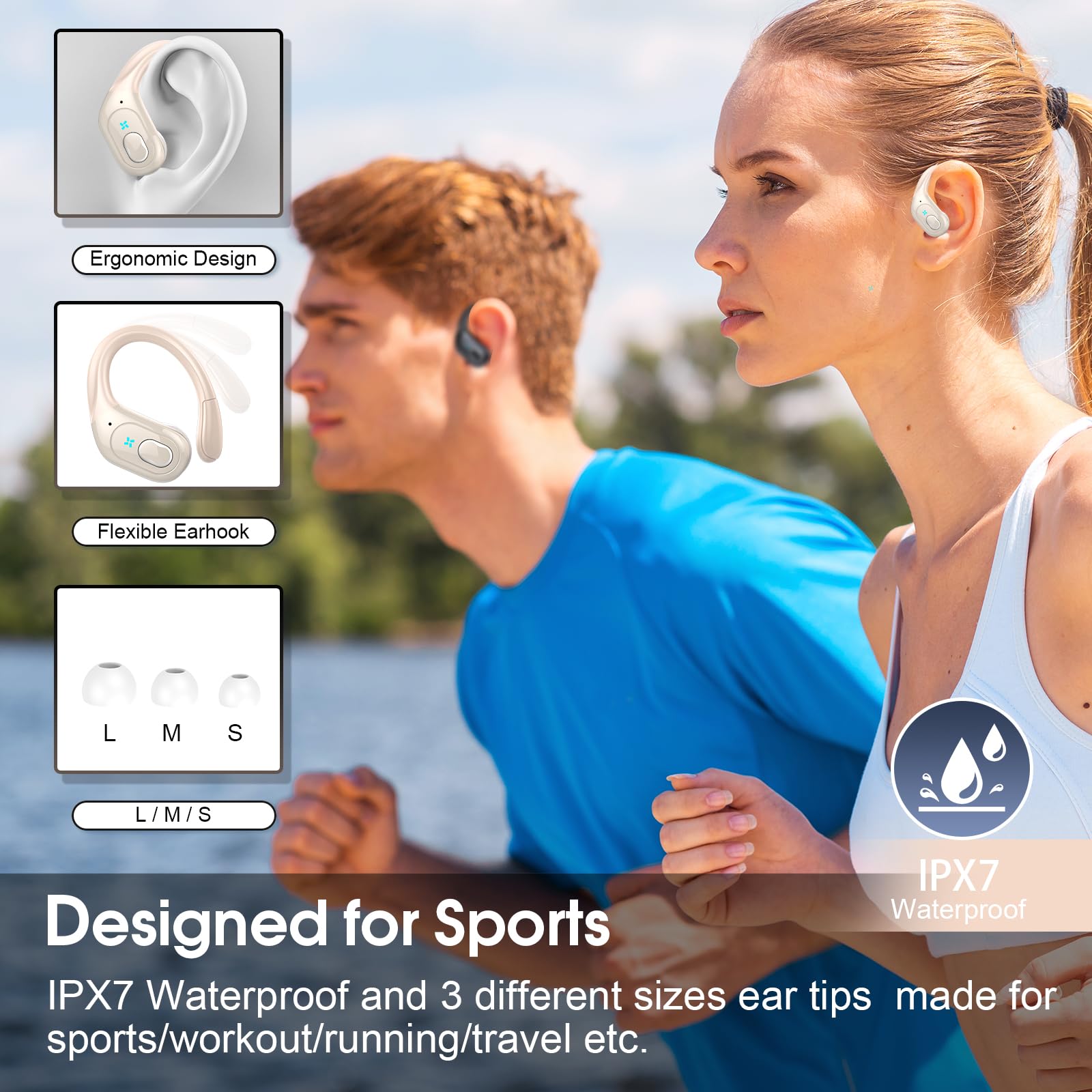 Aptkdoe Auricolari in-ear, senza fili, per sport, Bluetooth 5.4, con microfono ENC, 75 ore di autonomia, personalizzazione tramite app, stereo Hi-Fi, impermeabili IP7, con ganci per le orecchie, per