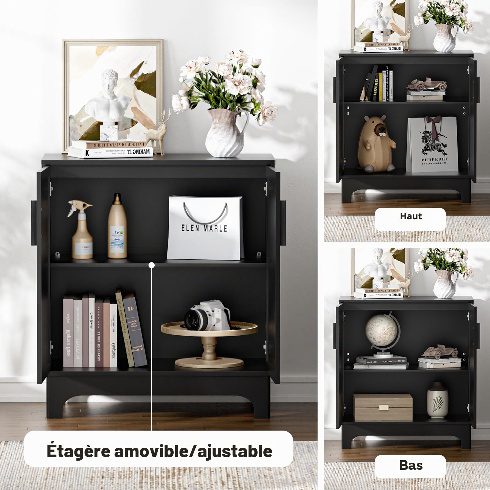 Noir Meuble de Rangement et Rotin, Buffet Salon Moderne avec Étagères Réglables, Meuble de Cuisine avec 2 Portes, Armoire de Rangement pour Salon, Cuisine, Chambre