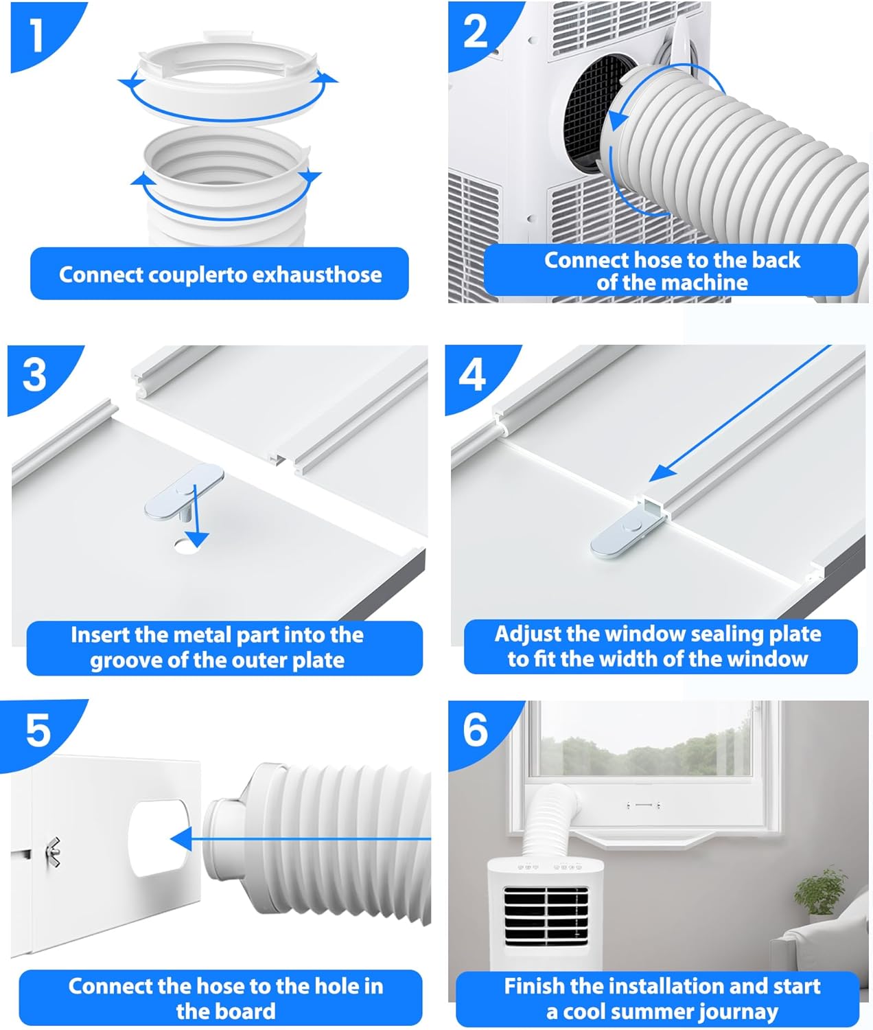Portable Air Conditioner Window Vent Kit with 82" Length, 5.9" Diameter Exhaust Hose, 13Pcs Universal PVC AC Window Slide Seal with 4 Panel(17" to 63") for Horizontal&Vertical 17-63 inch image 6 of 8 B0CQP18H36