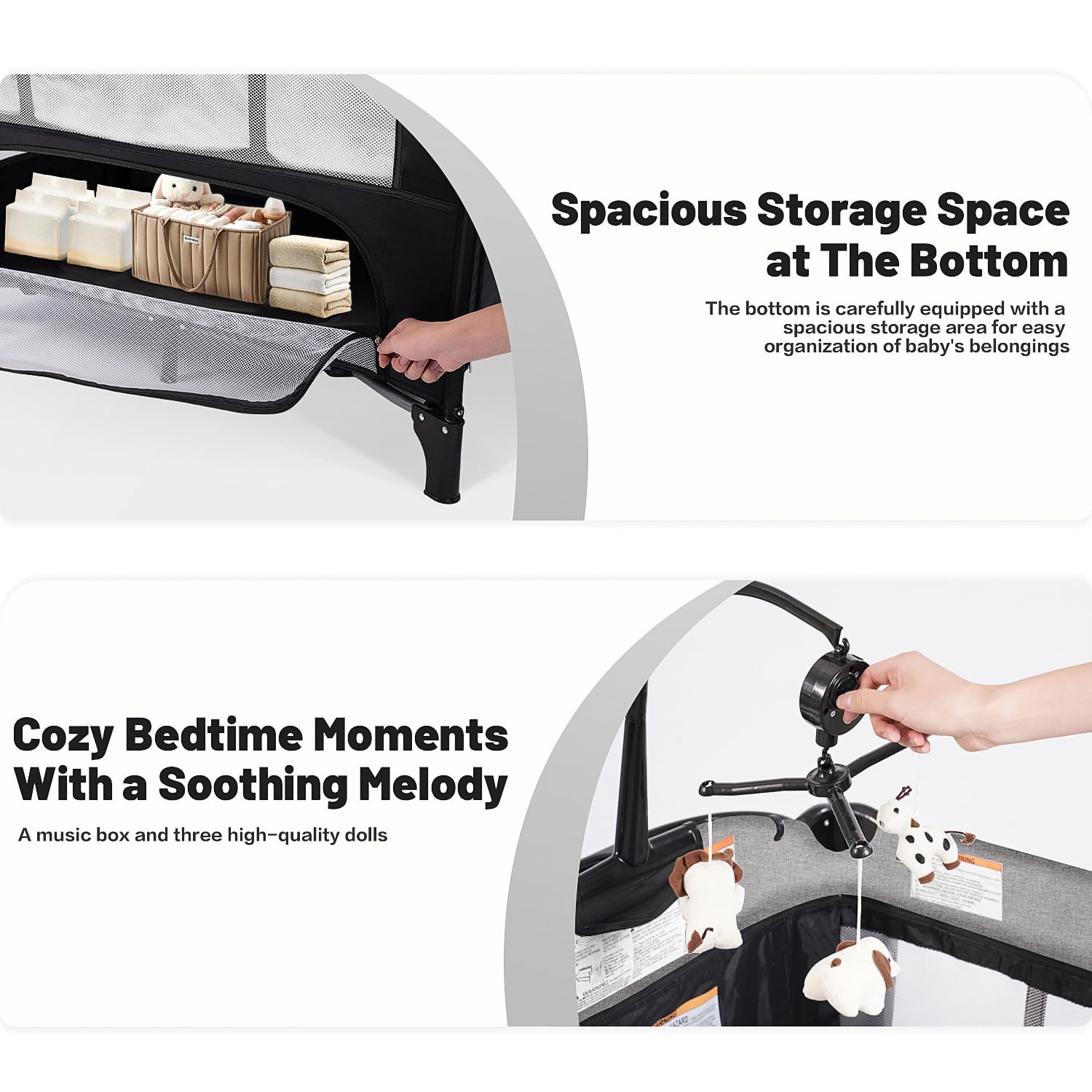 4 in 1 Height Adjustable Baby Playard, Foldable Nursery Center with Music Box Toy Rack, Side Storage, Changing Table, Large Portable Playpen for Newborns and Toddlers（Gray）