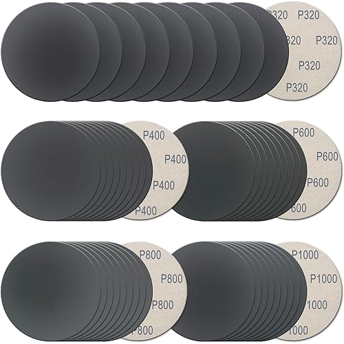 50Pcs 5 Inch Hook and Loop Sanding Discs, 320/400/600/800/1000 Grit Wet Dry Sandpaper Assortment (10Pcs Each), Silicon Carbide Sand Paper for Random Orbital Sander, Auto Wood Metal Sanding Polishing