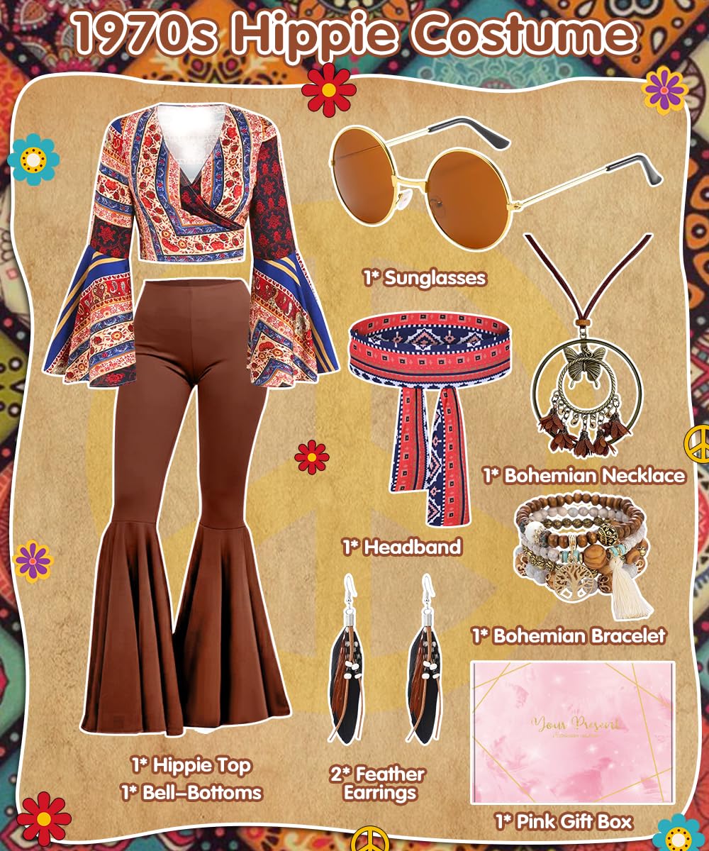 Costume Hippie Donna, Vestiti Hippie e Accessori Bohémien, Costume Anni 60 70 con Maniche a Campana, Abbigliamento Anni 70 per Carnevale, Halloween, Feste Retrò