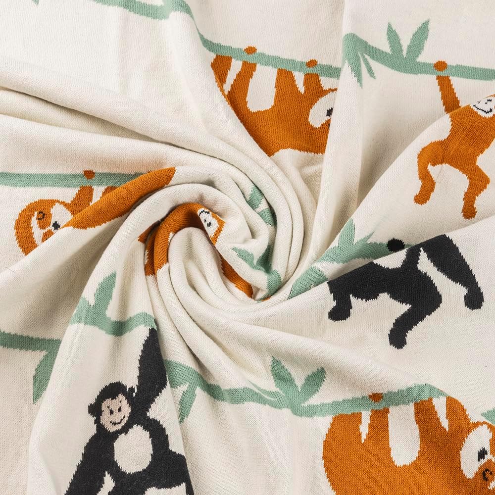 Baby Blanket Knitted Cotton | Soft, Cozy & Breathable Newborn & Infant Blanket | Cute Animal Prints| Lightweight Stroller, Crib, Receiving Blanket (Monkeys)