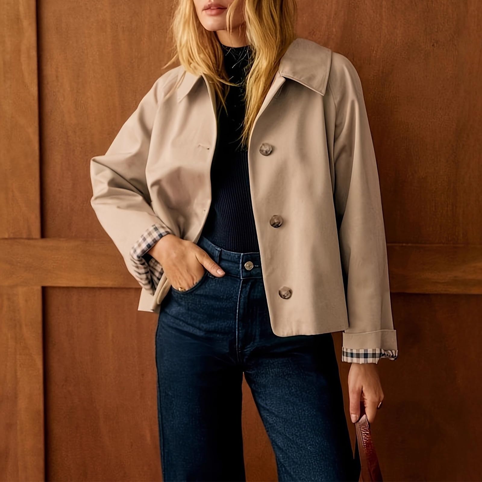 Trench court classique à simple boutonnage avec col à revers pour femme pour le printemps et l'automne