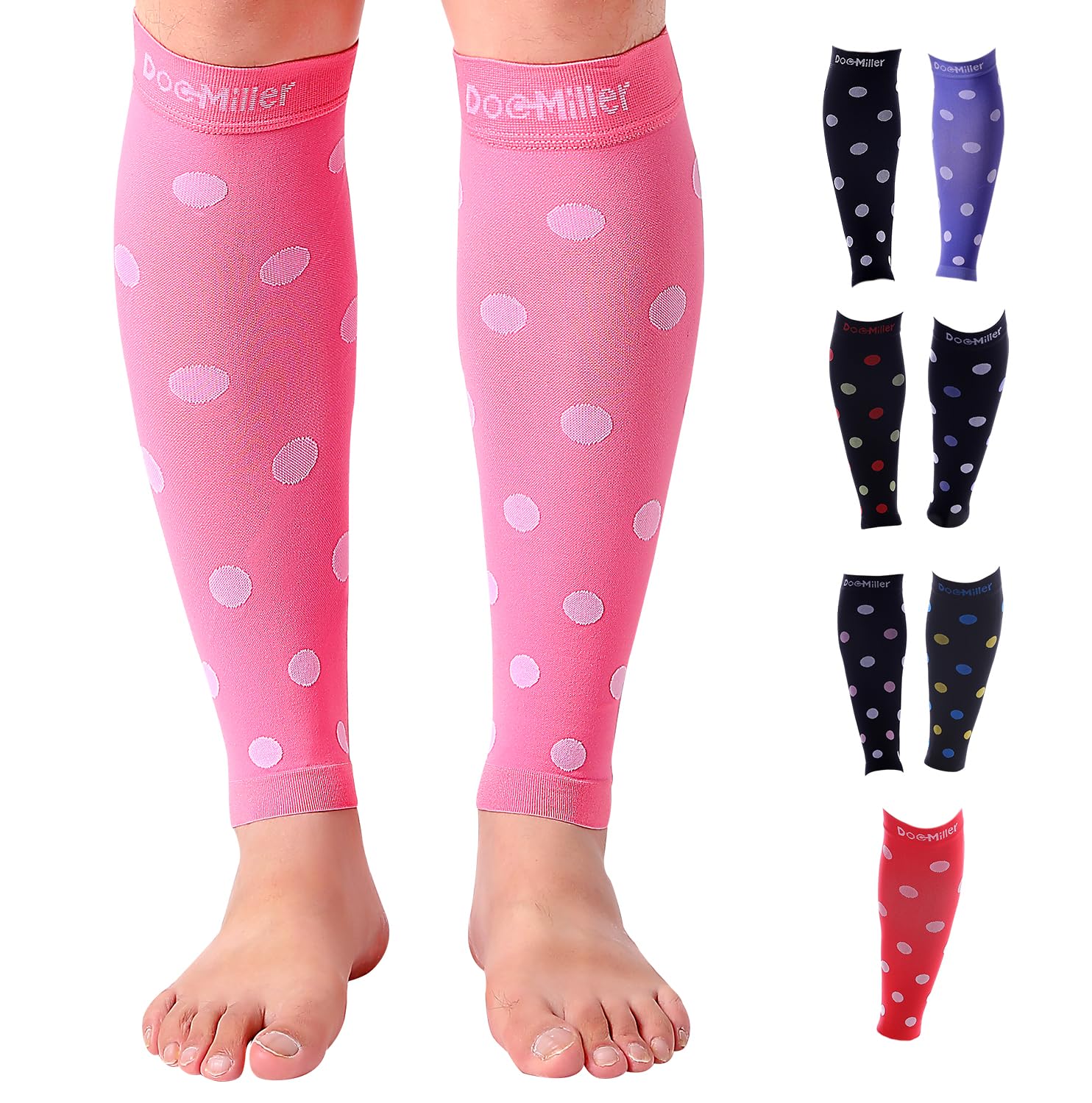 Doc Miller Calf Compression Sleeve for Women & Men, Footless 20-30mmHg Support for Shin Splints, Varicose Veins, Nurses, Running, Leg Pain Relief, Polka Dots, 1 Pair
