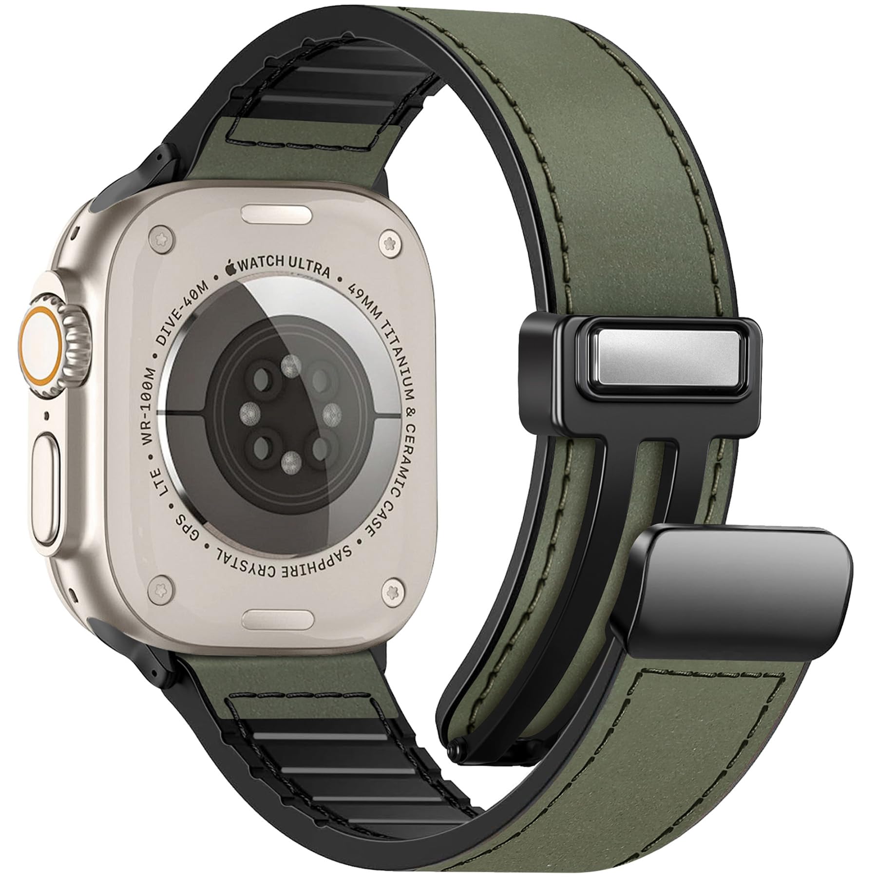 Bracelet de montre magnétique en cuir compatible avec Apple Watch 38 mm, 40 mm, 41 mm, 42 mm, 44 mm, 45 mm, 49 mm – Bracelet de montre en cuir véritable avec boucle magnétique pour iWatch