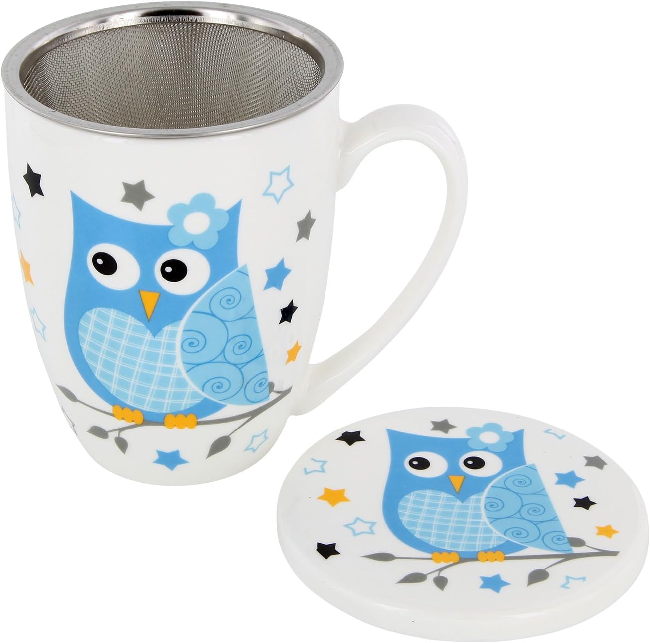 Owl Tea Cup Mug with Lid and Strainer (Blue)