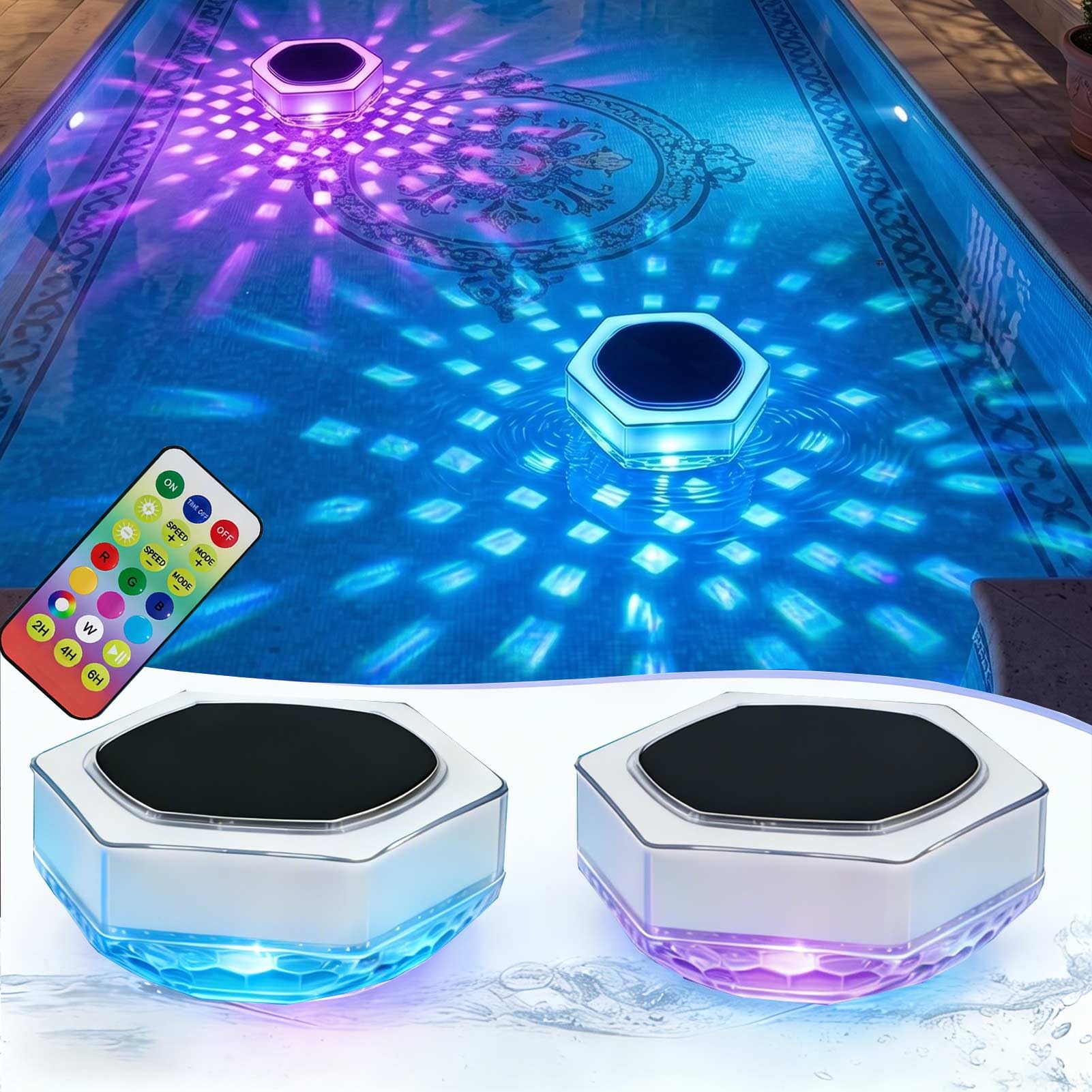 Cozymeow 2 Pieza Luces Flotantes Piscina Solares, Luz Solar Piscina LED con Control Remoto, RGB 7 Colores, Temporizador, IP68 Impermeable Luz piscinas Sumergible sin Cable para Bañera Jardín Florero