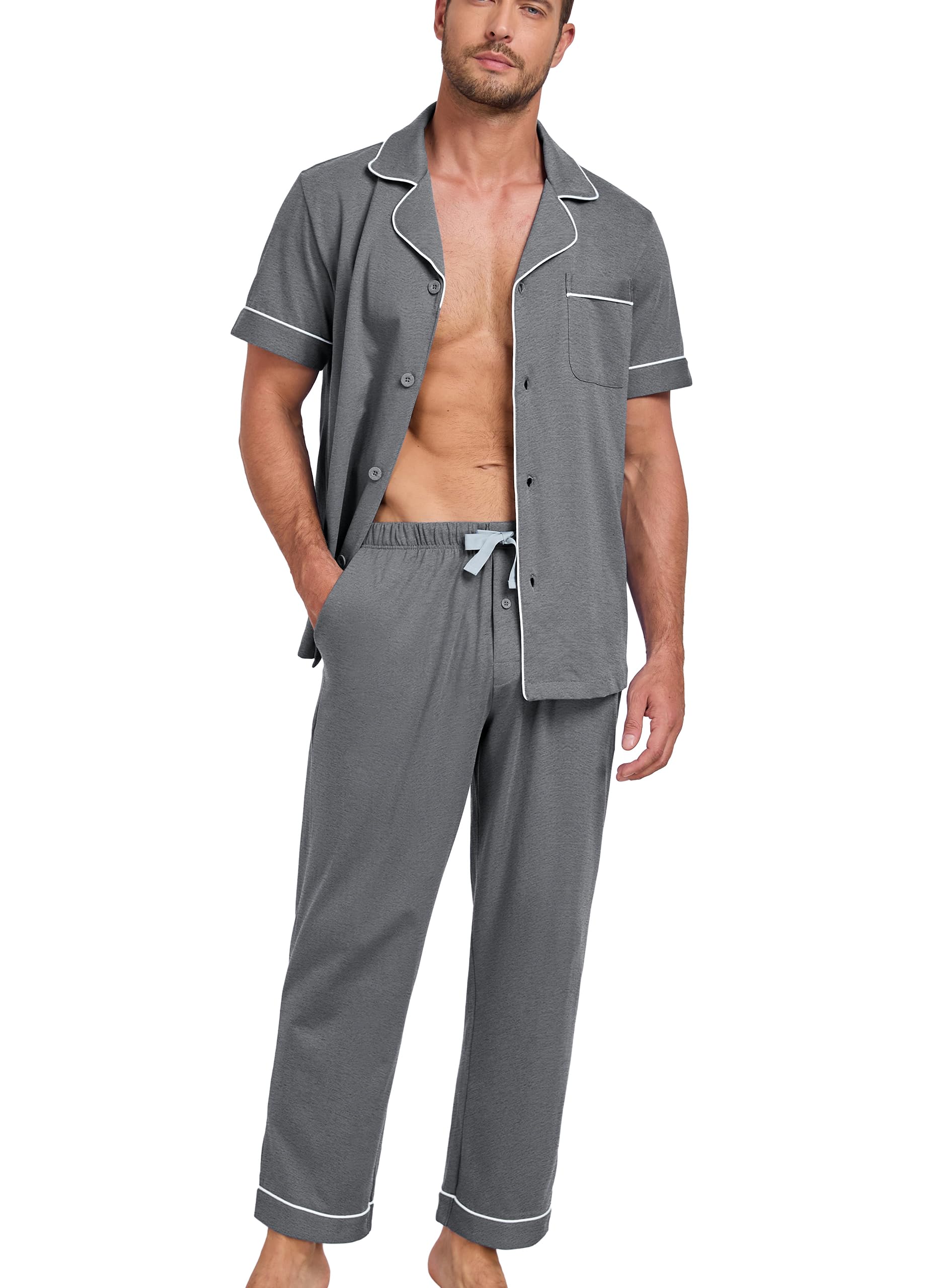 EA'S SECRET Mens Pajamas Set 100% Cotton Soft Button Pajamas for Men Short Sleeve Sleepwear 2 Piece Lounge Pjs Sets
