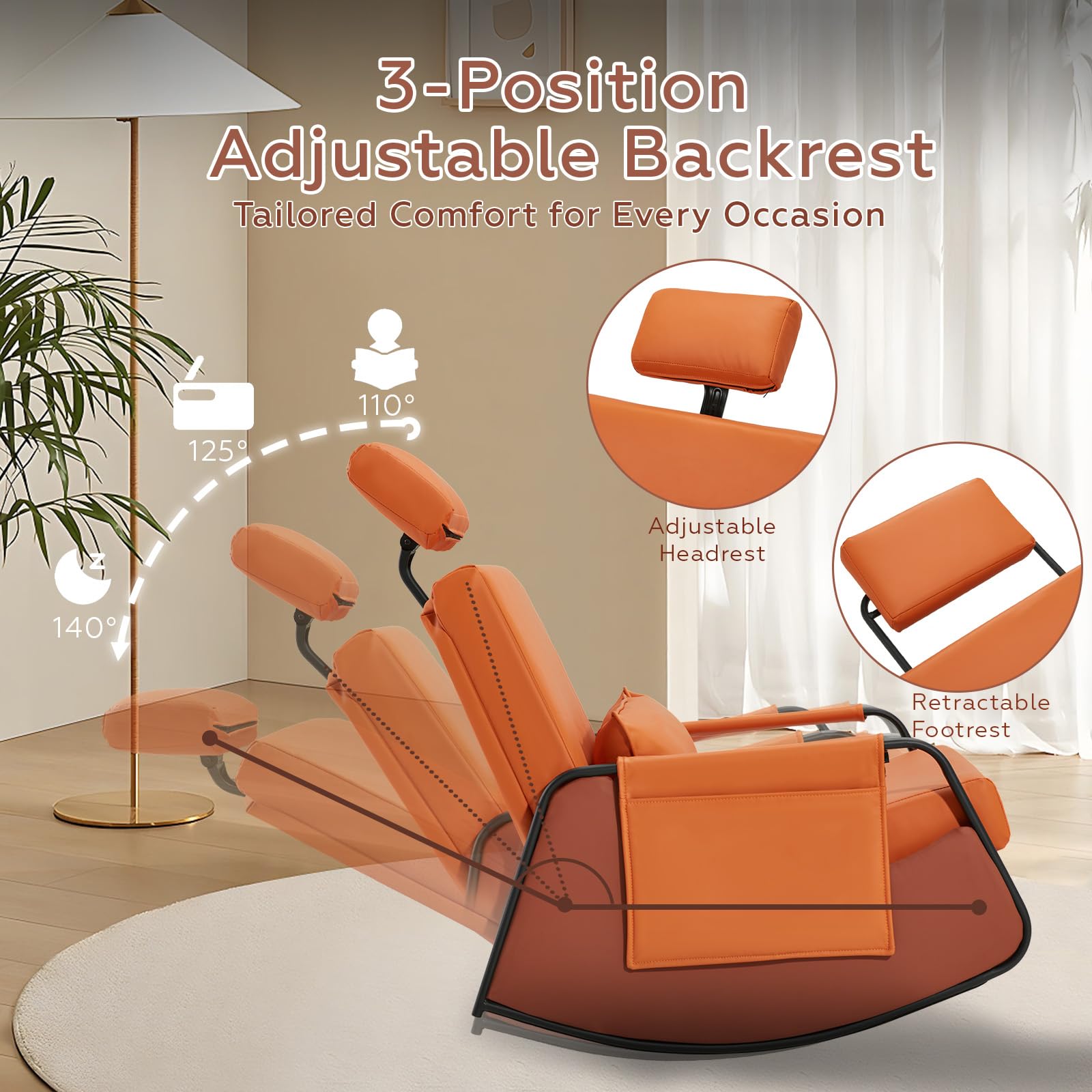 AECOJOY Nursery Rocking Chair with Retractable Footrest & Adjustable Backrest, Glider Rocking Chair w/Adjustable Headrest, Side Pocket, Accent Chair for Living Room, Orange Leather