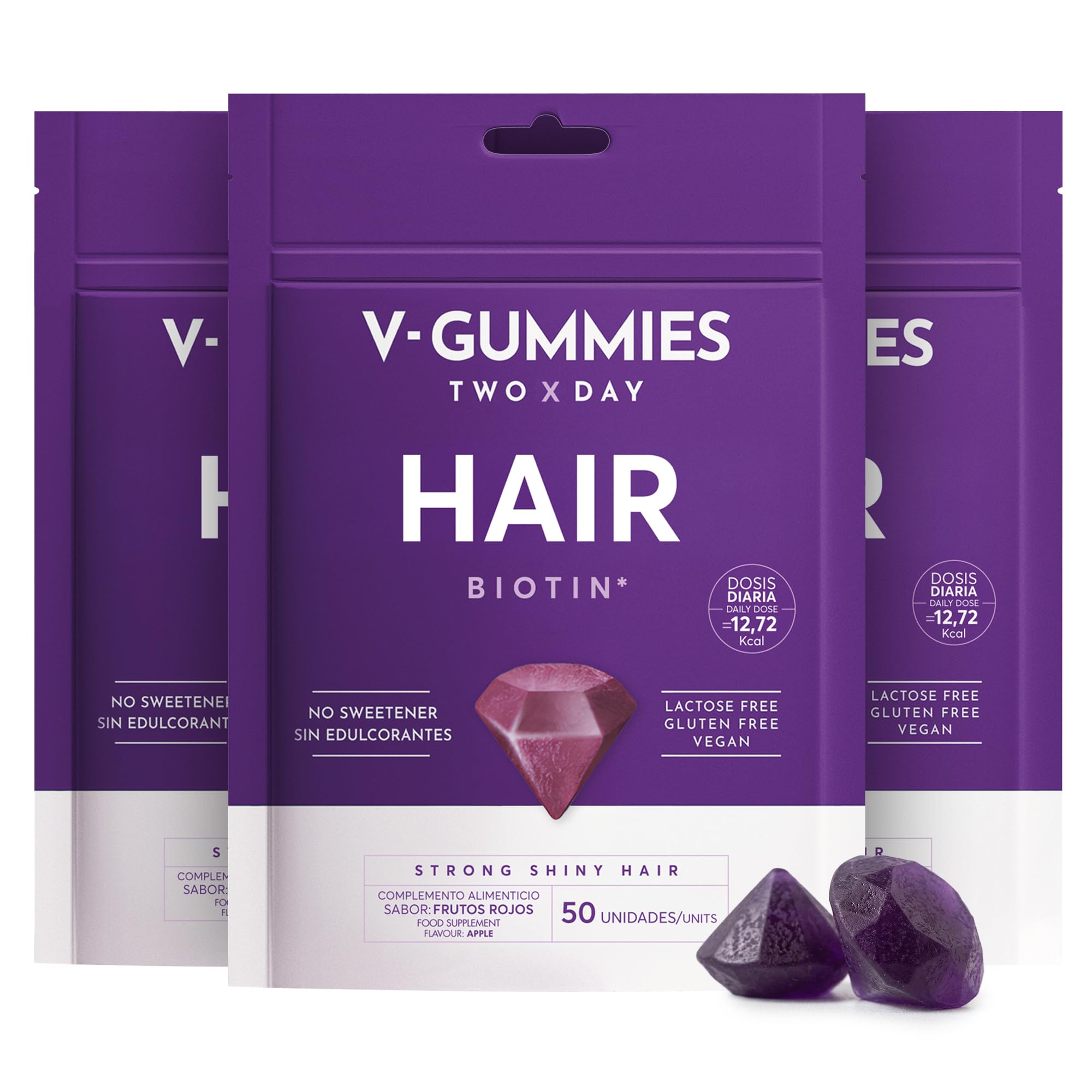 V Gummies Hair - Gominolas para el Pelo - Gominolas de Biotina con Vitaminas para Cabello, Piel y Uñas - Gummies Pelo Mujer - Sabor Frutos Rojos - 50 Unidades (Pack 3)
