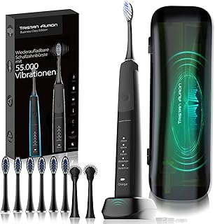 Schallzahnbürste - 55.000 VPM - 5 Modi - 60 Tage Akku + inkl. Etui mit UV Desinfektion + 6 Ersatzbürste und 2 Zungenreiniger - elektrische Zahnbürste - Tristan Auron SonicMaster in schwarz