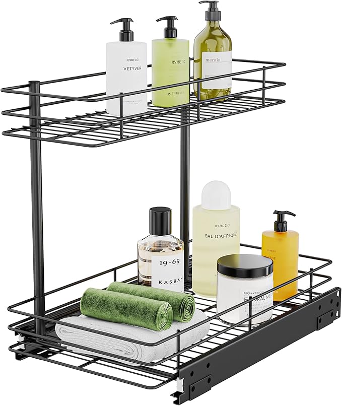 FANHAO Pull Out Organizer, 2 Tier Wire Basket Under Sink Slide Out Storage Shelf with