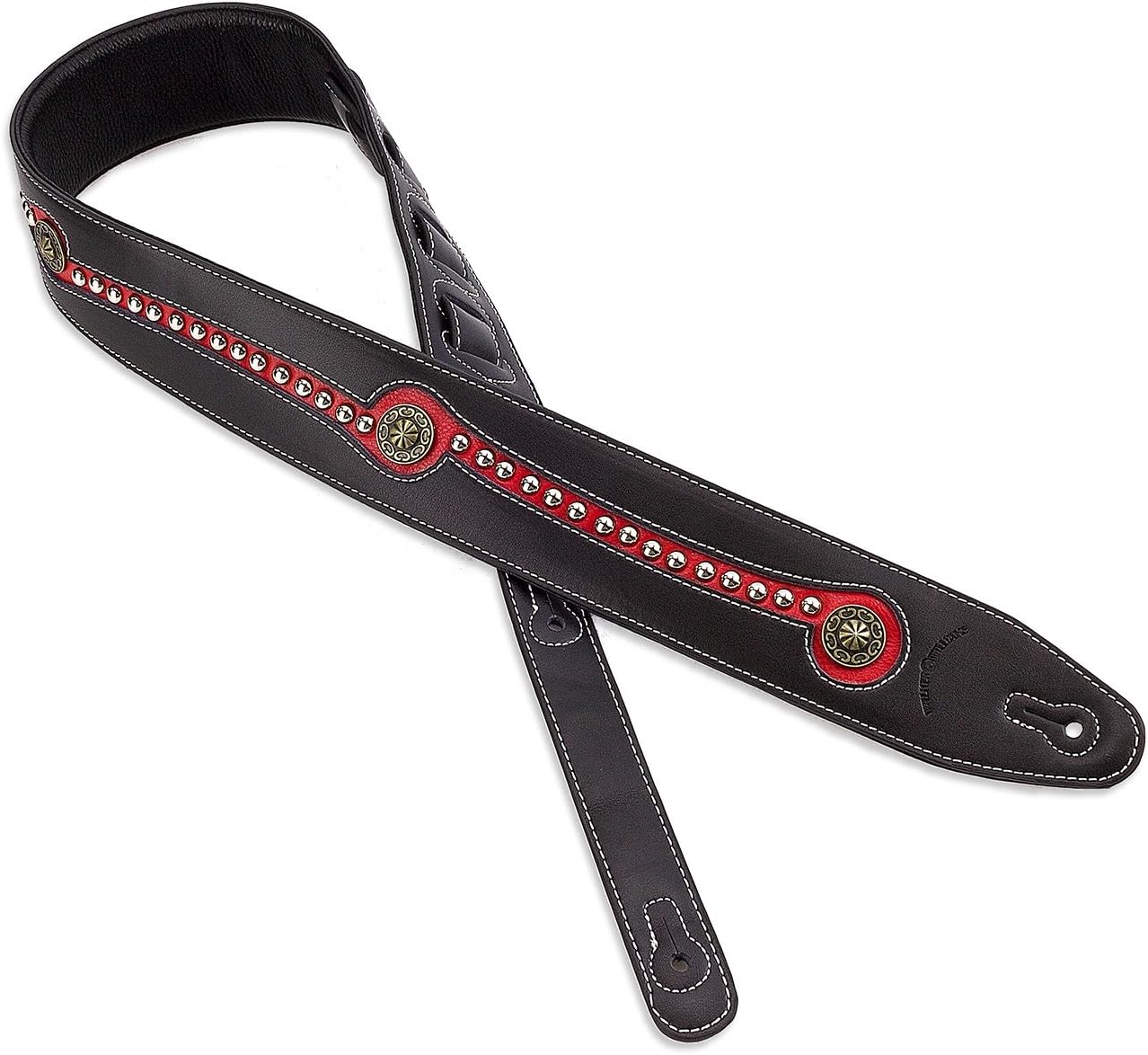 Walker & Williams Black & Red Western Style Padded Guitar Strap with Chrome and Brass Studs For Acoustic, Electric, And Bass Guitars
