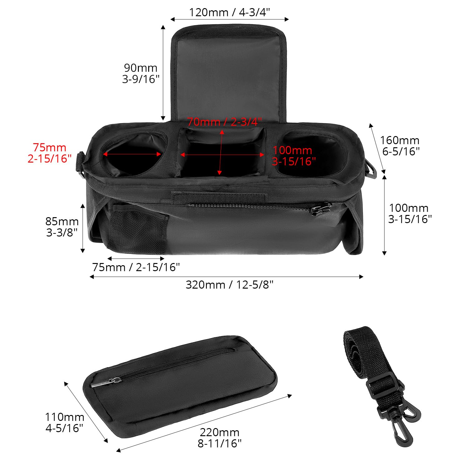 QWORK® Organizador de Cochecito Universal con portavasos aislantes, Bolsa removible y Correa de Hombro Ajustable - Negro