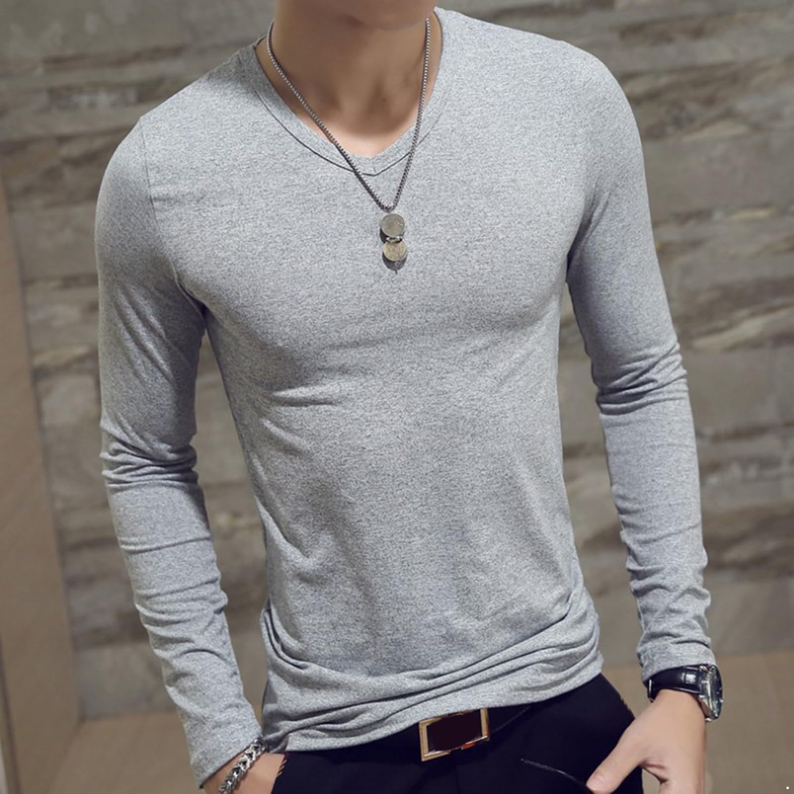 Yeahdor Men's Cotton Long Sleeve Undershirt Slim Fit Stretch Muscle Top Casual V Neck Thermal Shirts Grey A X-Large